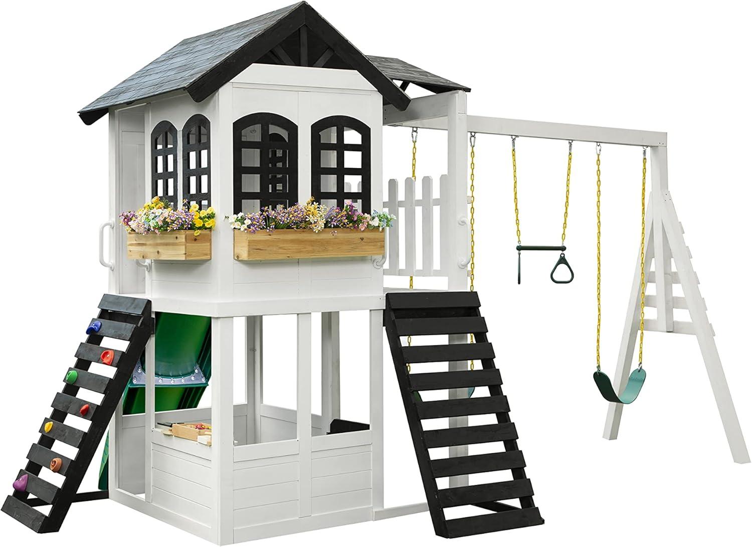 2MamaBees Reign Two Story Playhouse | Black & White Farmhouse Design with Kitchen and Garden