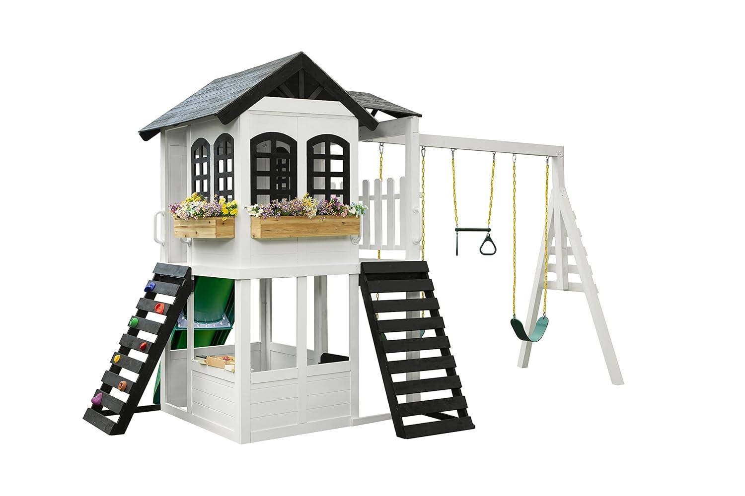 2MamaBees Reign Two Story Playhouse | Black & White Farmhouse Design with Kitchen and Garden