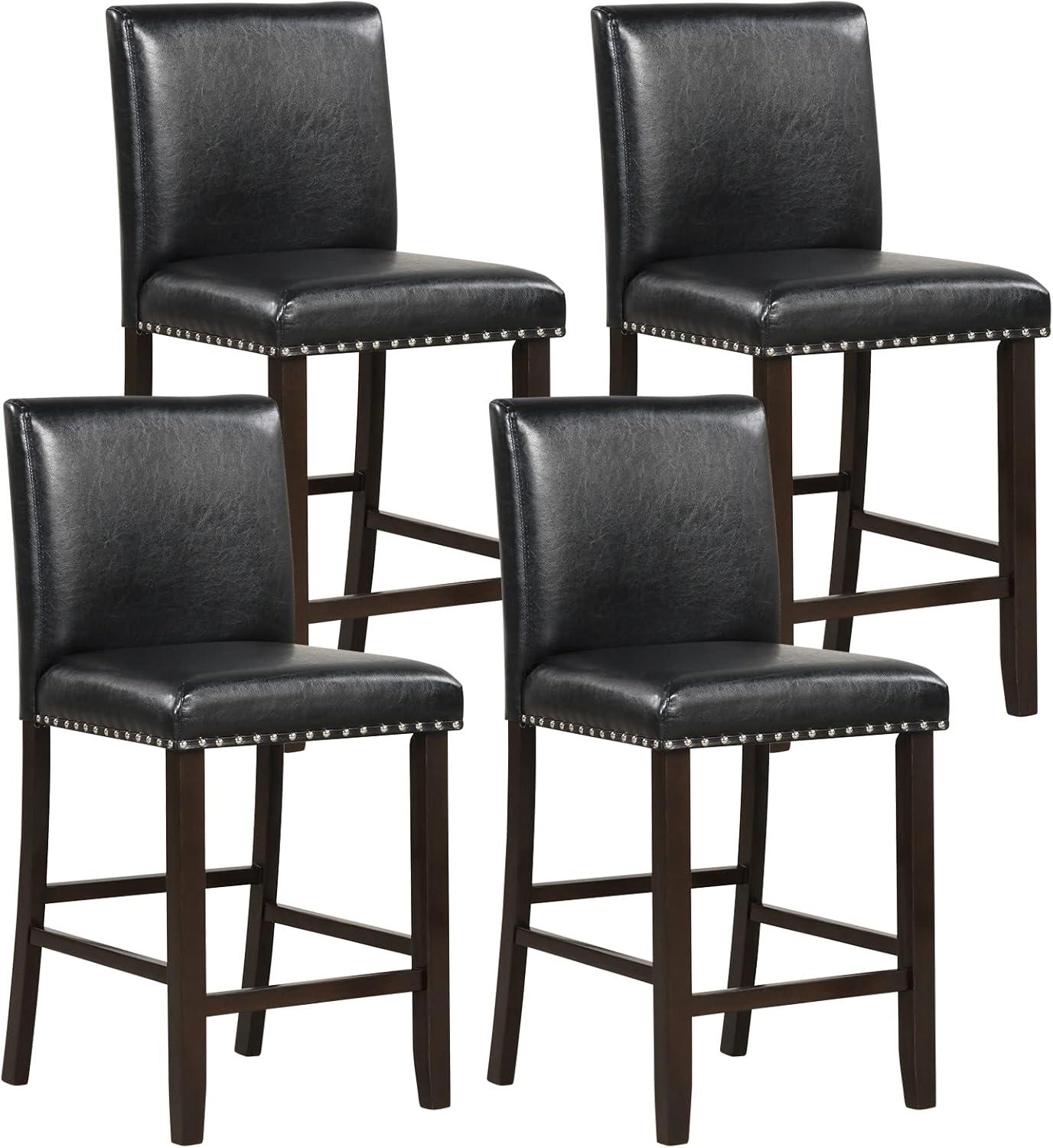 Set of 2 Gray Leather and Wood Bar Stools with Rivet Details