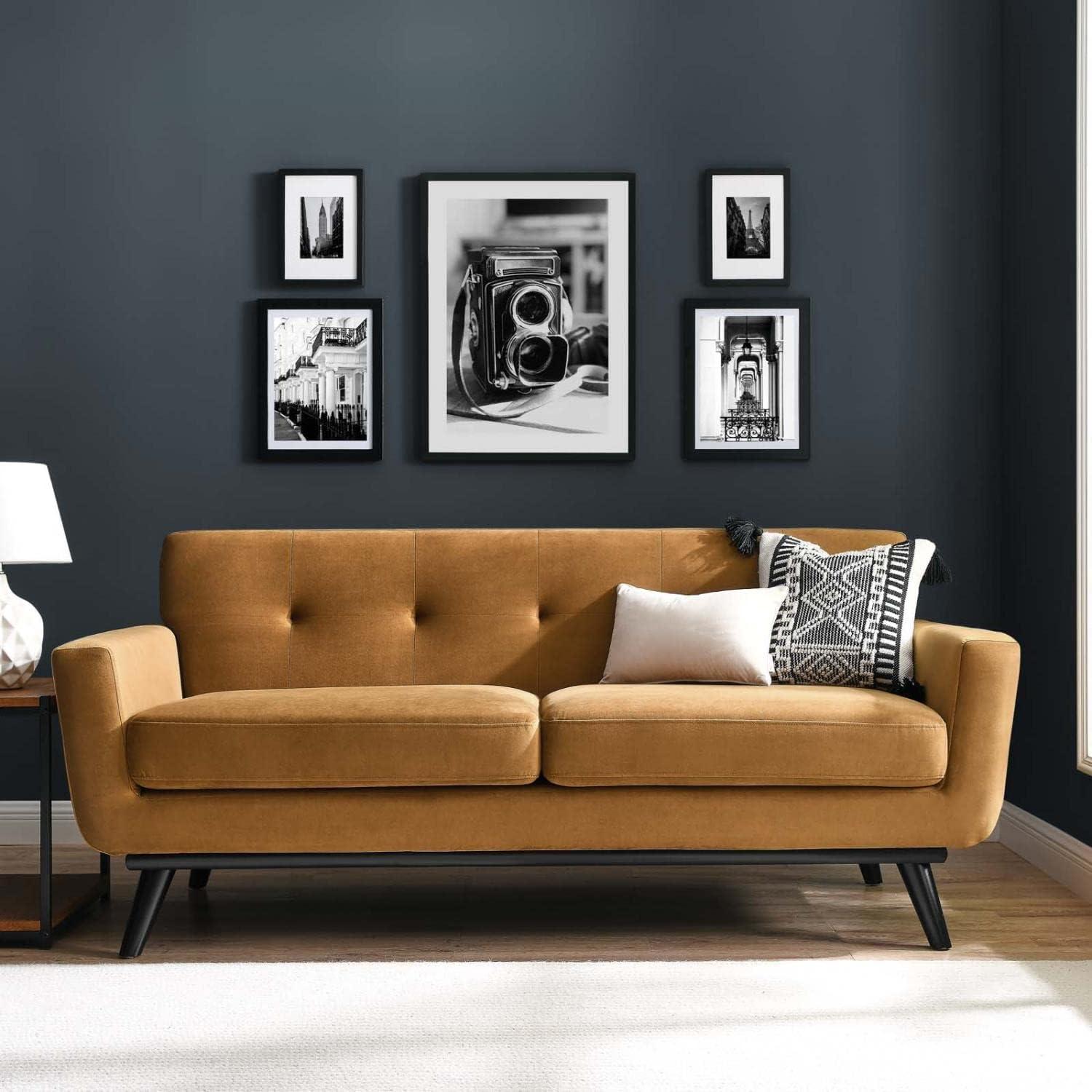 Cognac Velvet Tufted Loveseat with Black Wood Legs