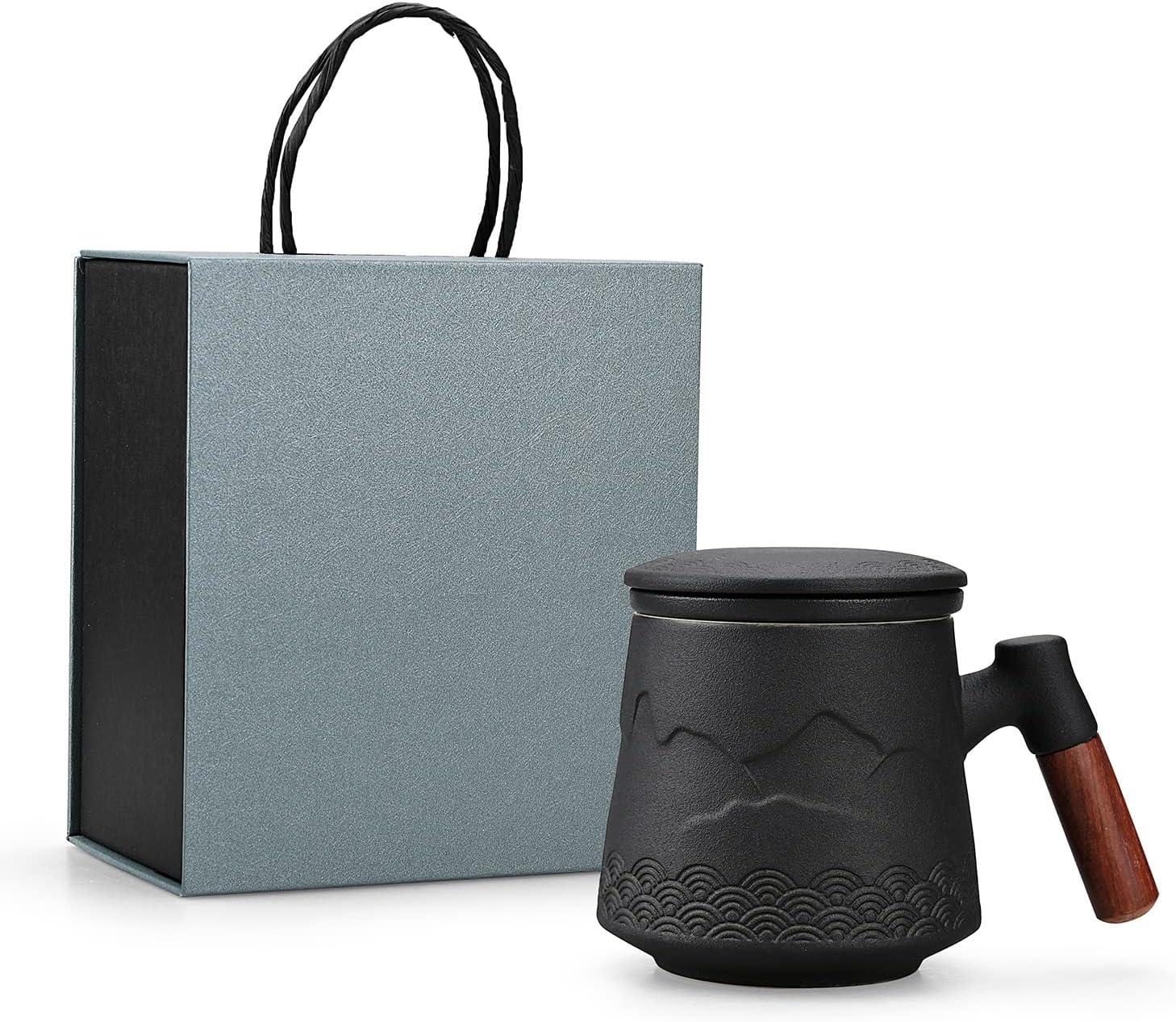 Tea Cup with Infuser and Lid, Gradual Mountain and Spray Tea Mug Cups with Infuser, Wood Handle Ceramic Coffee Mug with Lid Tea 430ml/14.50 OZ (Black)
