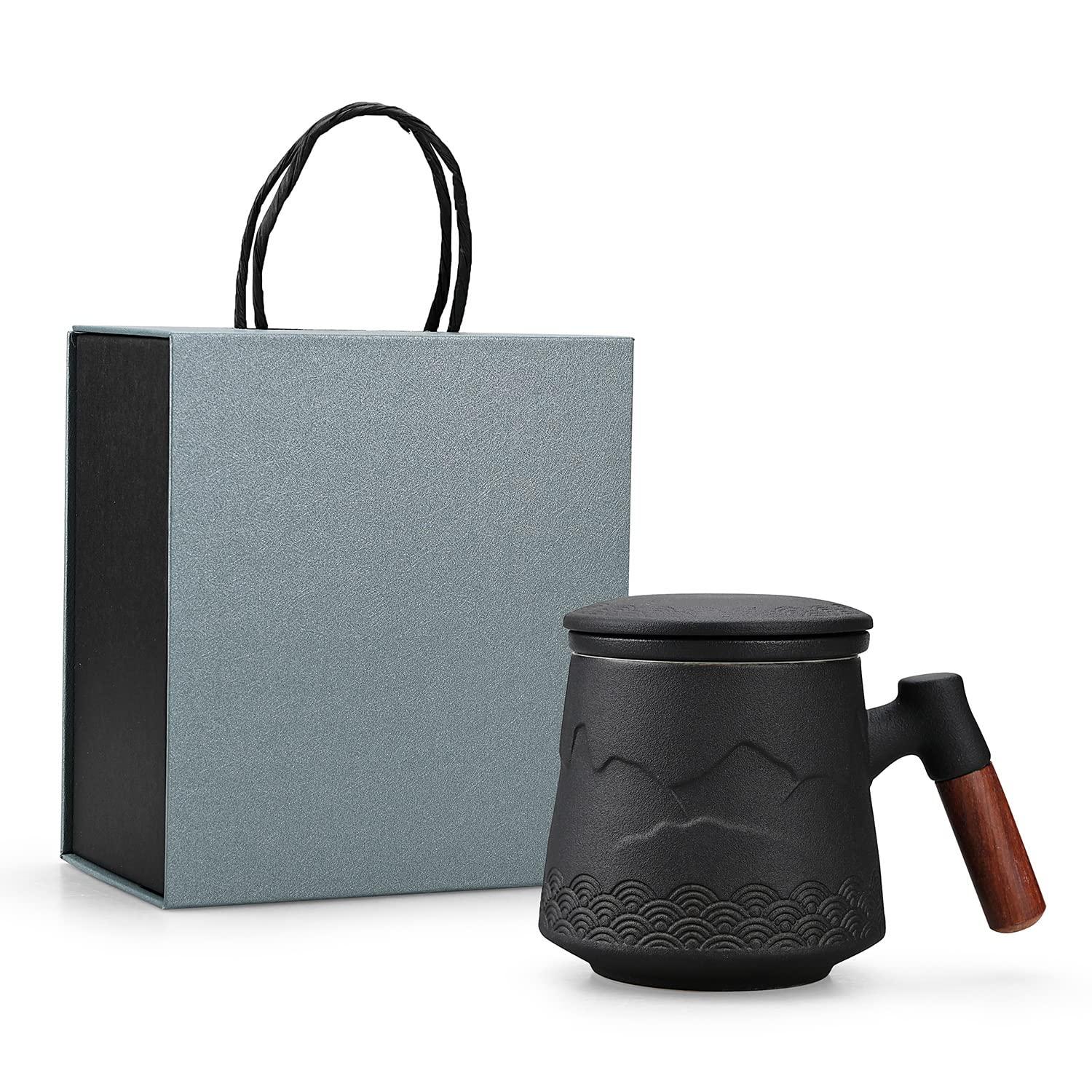 Tea Cup with Infuser and Lid, Gradual Mountain and Spray Tea Mug Cups with Infuser, Wood Handle Ceramic Coffee Mug with Lid Tea 430ml/14.50 OZ (Black)