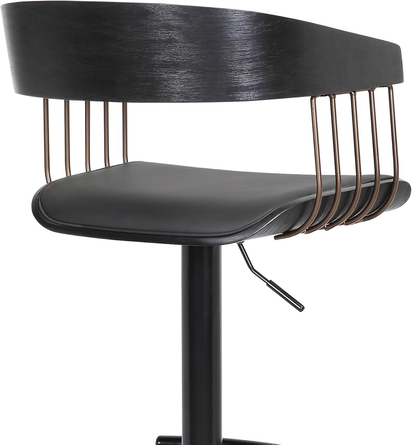 Larisa Adjustable Black Wood Bar Stool in Black Faux Leather with Golden Bronze and Black Metal