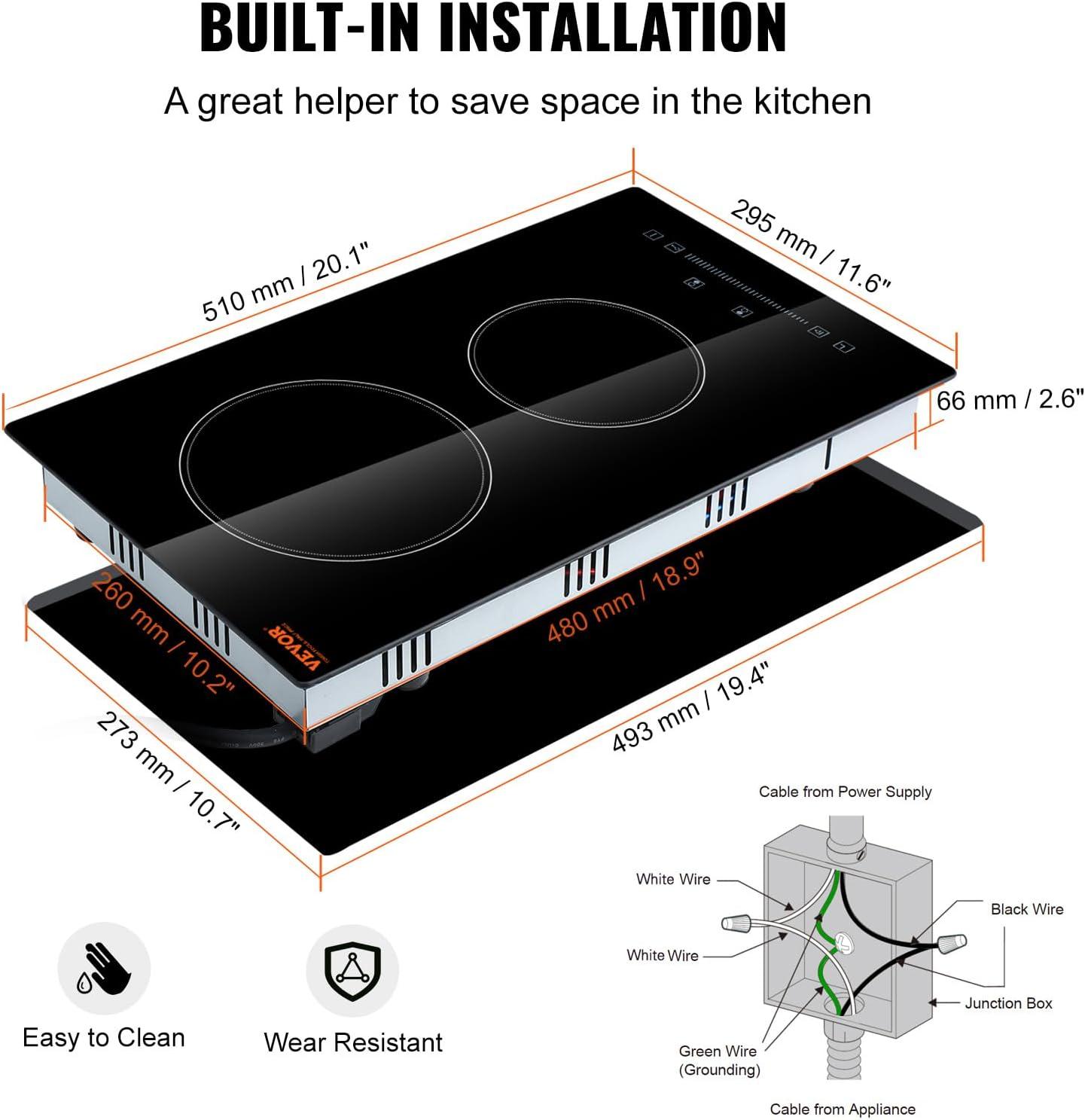 VEVOR 20" Black Electric 2 Burner Cooktop with Dual Size Power Burner