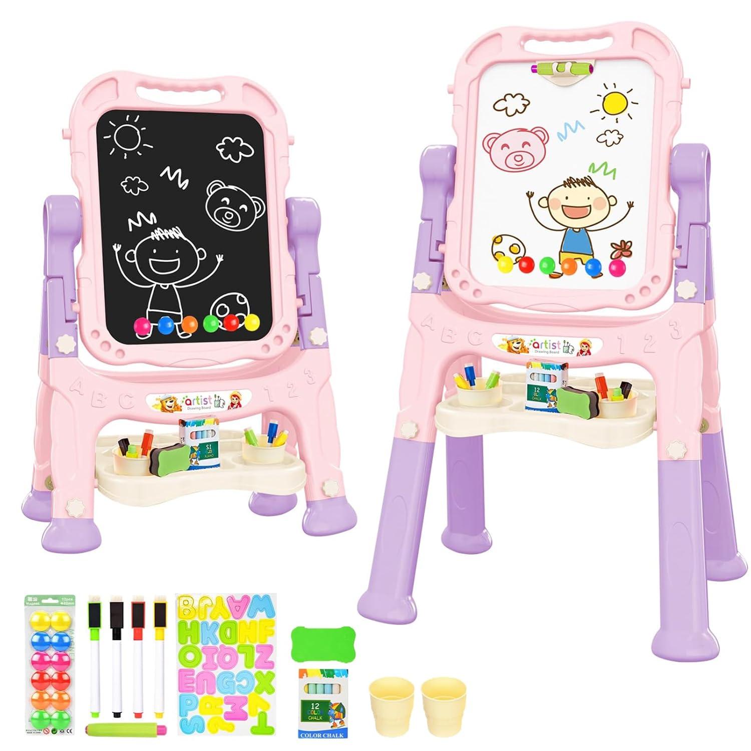 Easel for Kids, Adjustable Standing Art Easel for Toddler, Double Magnetic Drawing Board with Painting Accessories, Birthday Christmas Gift for Little Boys and Girls,  Pink