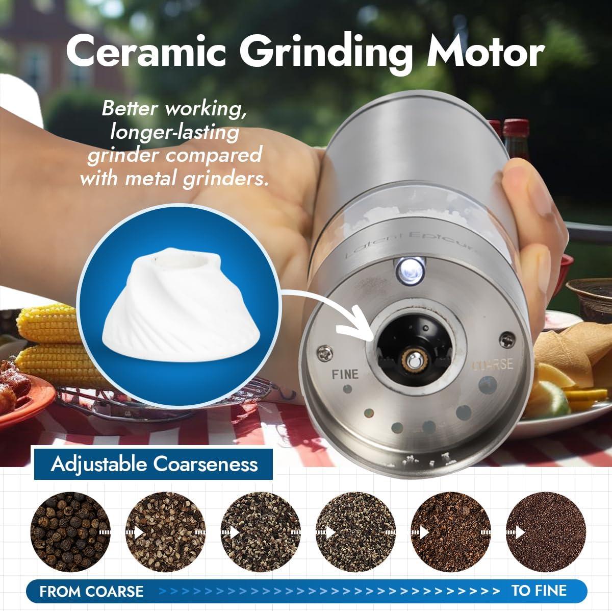 Electric Salt and Pepper Grinder Set - Battery Operated, Stainless Steel Shakers with Adjustable Fine & Coarseness, One Handed Operation, LED Light & Complimentary Mill Rest Tray