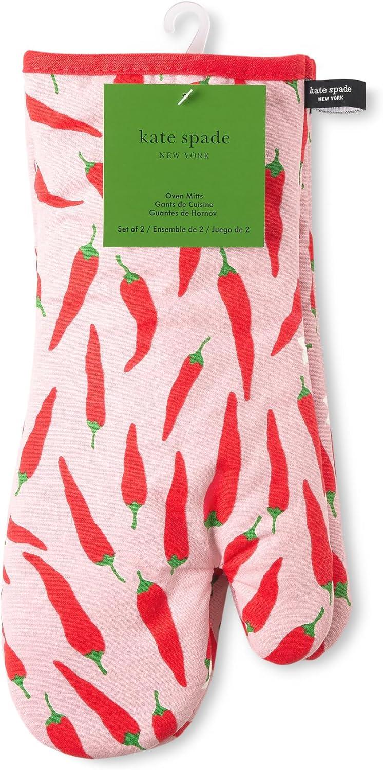 kate spade new york Hot Hot Hot Peppers Oven Mitt 2-Pack Set, Heat Resistant, 100% Cotton, Red/Pink, 7"x13"
