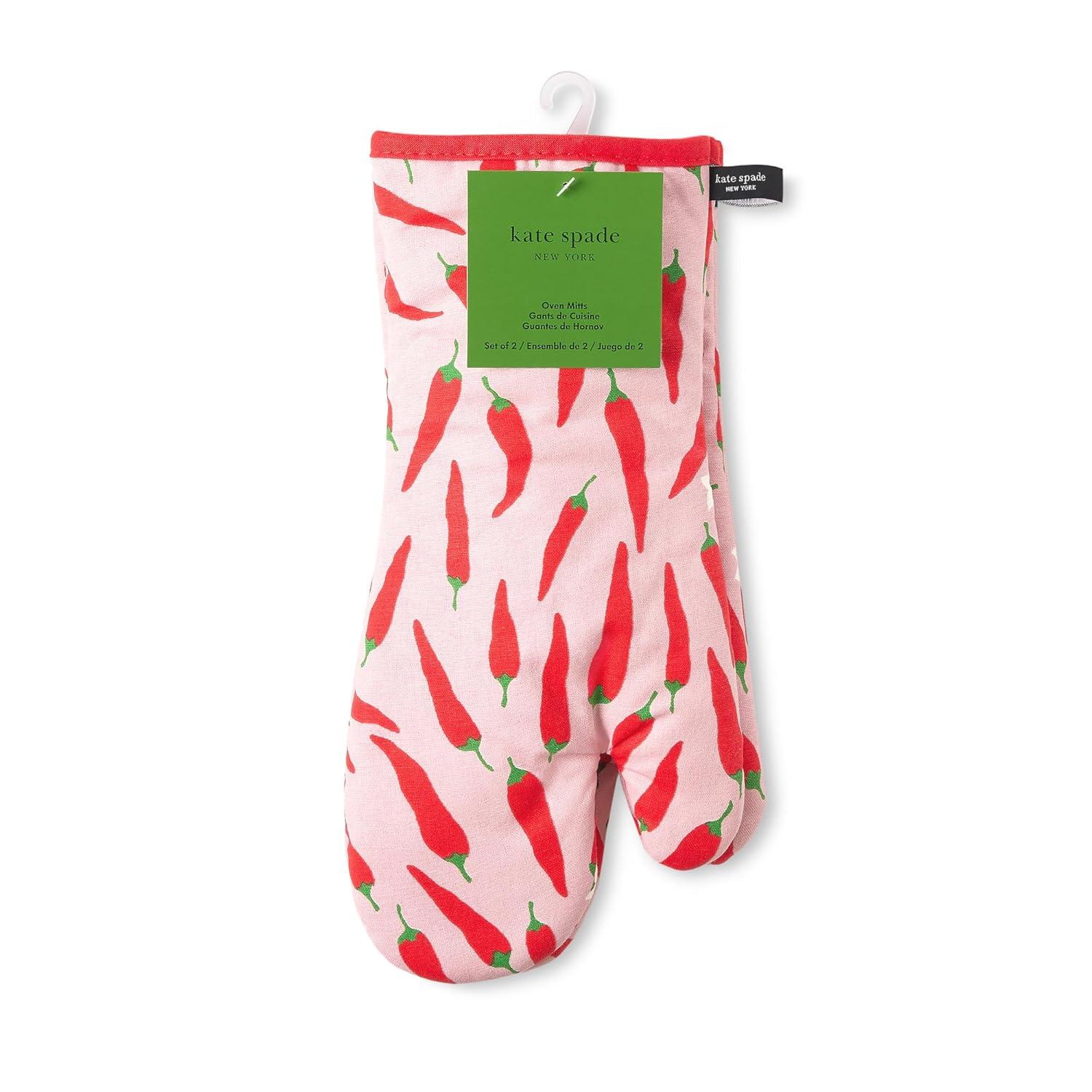kate spade new york Hot Hot Hot Peppers Oven Mitt 2-Pack Set, Heat Resistant, 100% Cotton, Red/Pink, 7"x13"