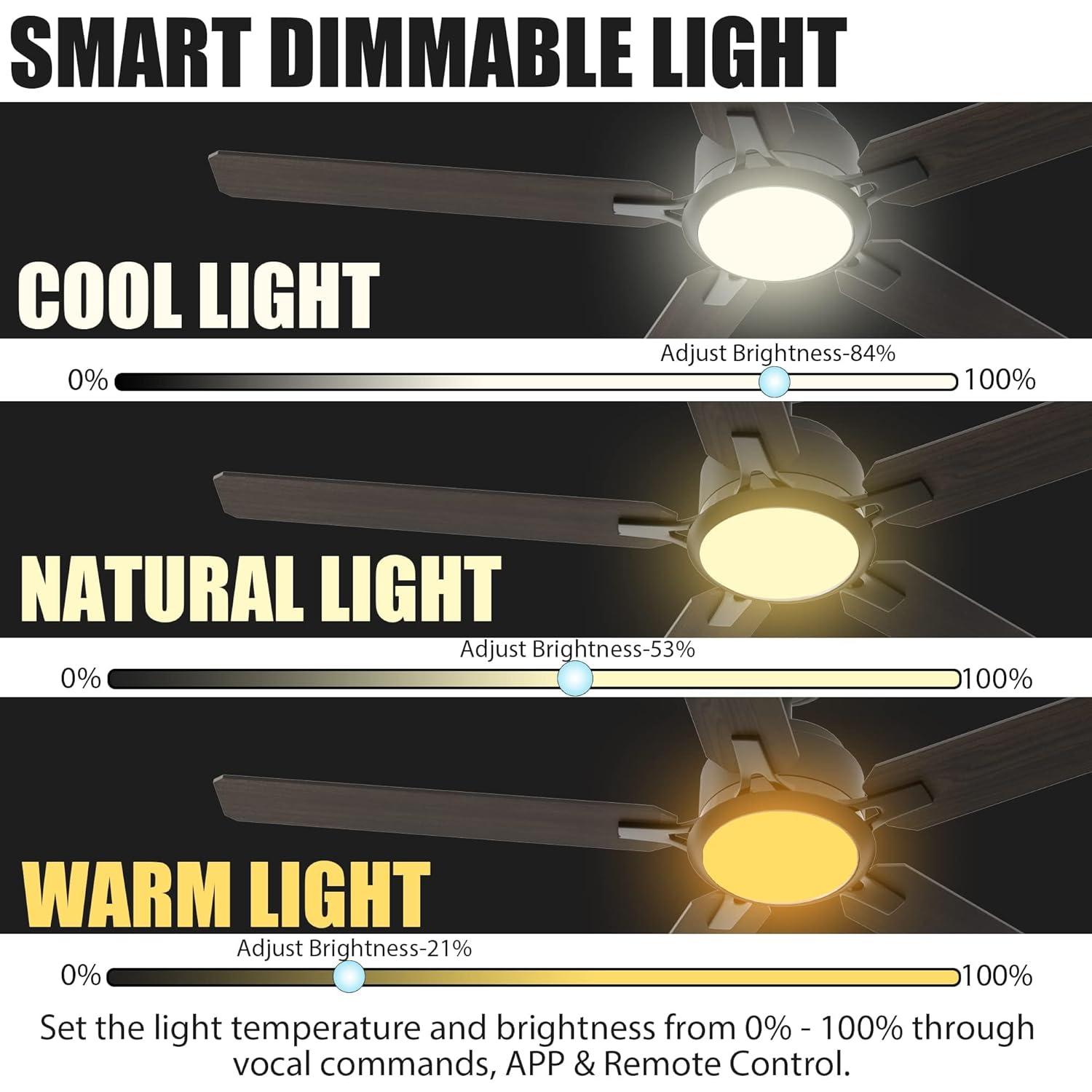 52" 5 Baldes Smart Wifi Ceiling Fan with Remote and Dimmable LED Light Dark Wood