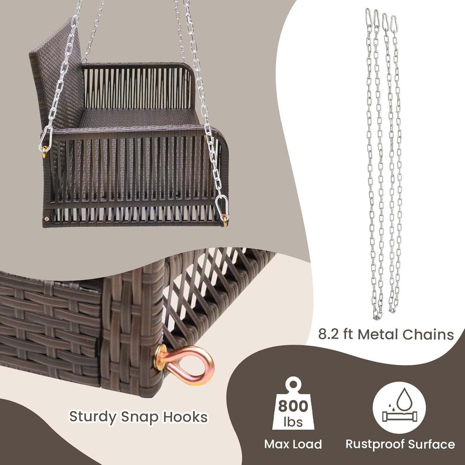 Tangkula Wicker Outdoor Porch Swing 800 LBS Capacity Outdoor Swing Bench w/ Hanging Chains Beige