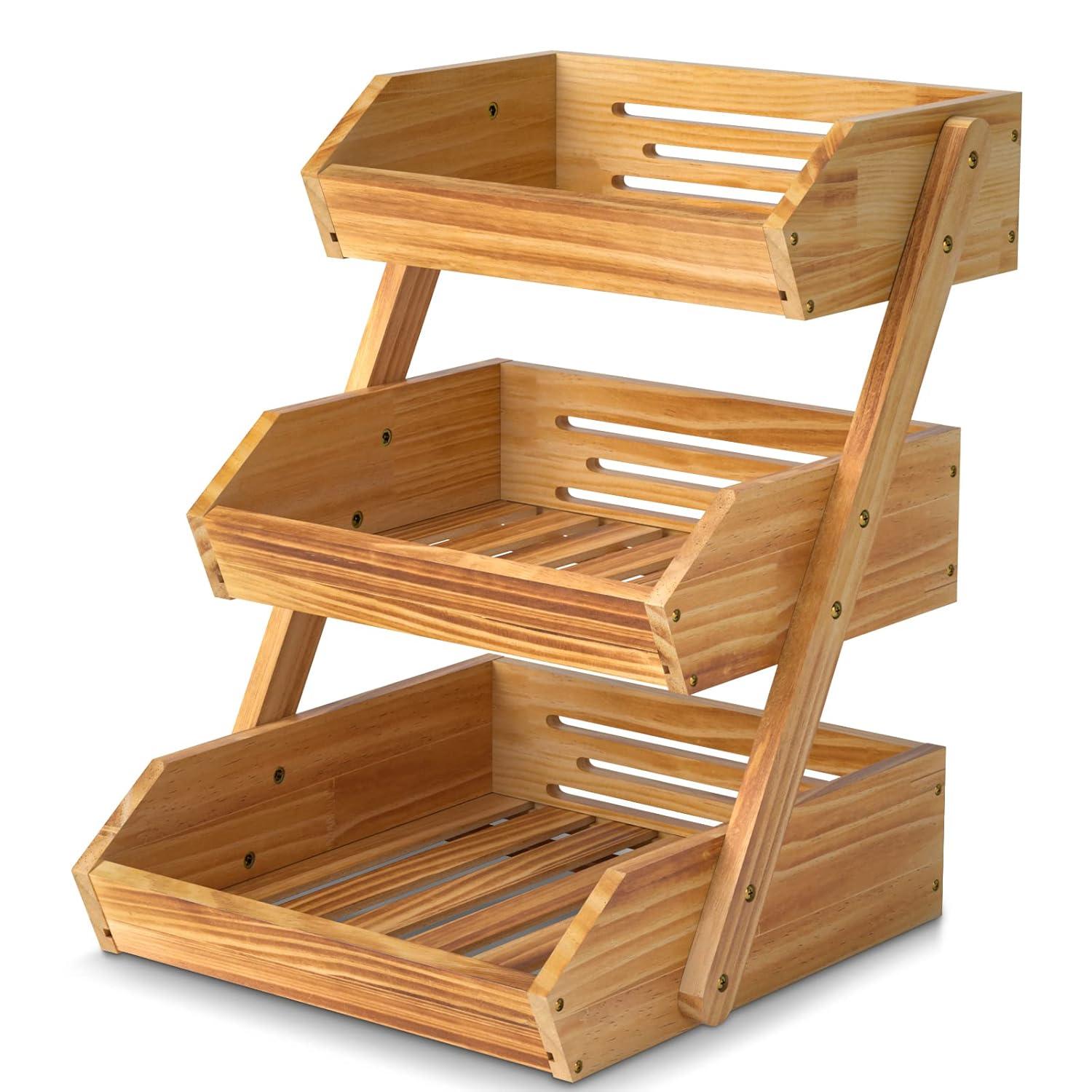 3 Tier Wooden Fruit Basket For Kitchen, Bread Vegetable Fruit Basket Bowl Stand, Farmhouse Fruit Bowl for Countertop, Large