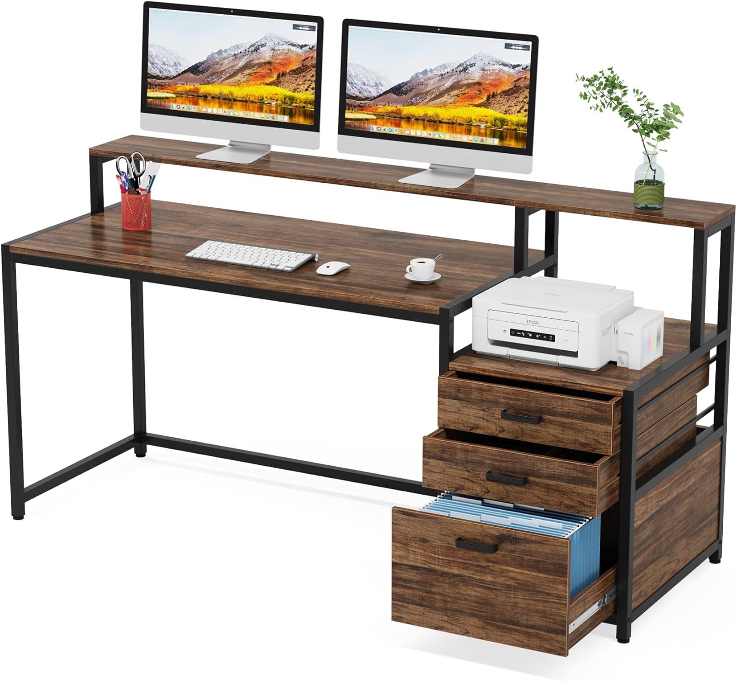 1Easylife 63" Computer Desk with Monitor Stand, Ergonomic Home Office Desks with Drawers File Cabinet Rustic Brown