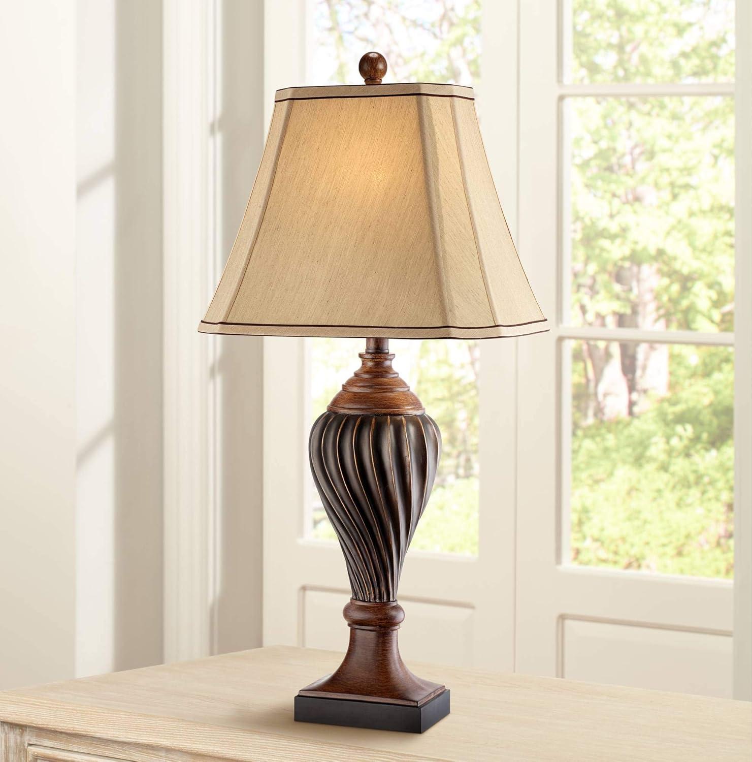 Regency Hill Traditional Table Lamp 28.5" Tall Carved Two Tone Brown Urn Shaped Beige Fabric Shade for Living Room Family Bedroom Bedside