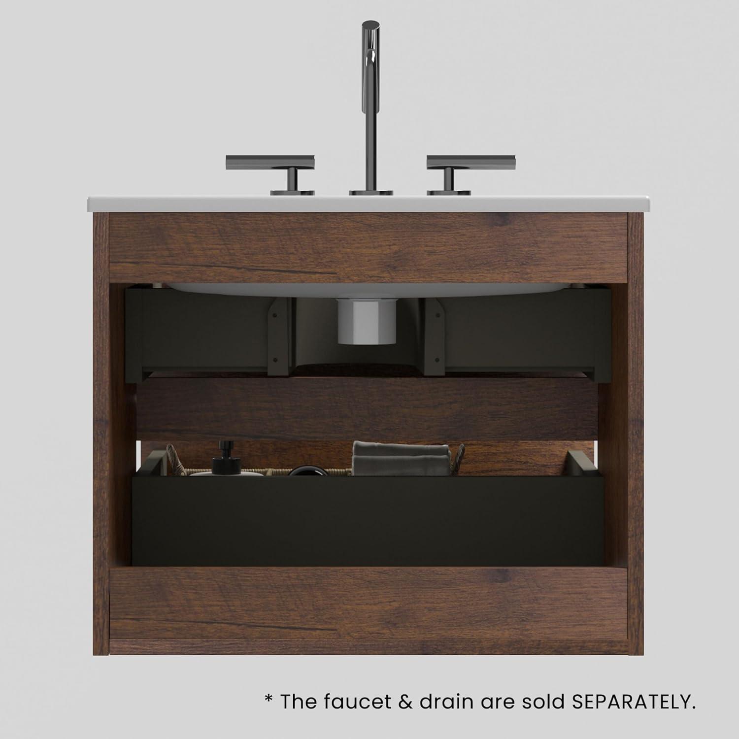 CITTANEO 24" Floating Modern Bathroom Vanity with 3-Hole Ceramic Sink in Walnut