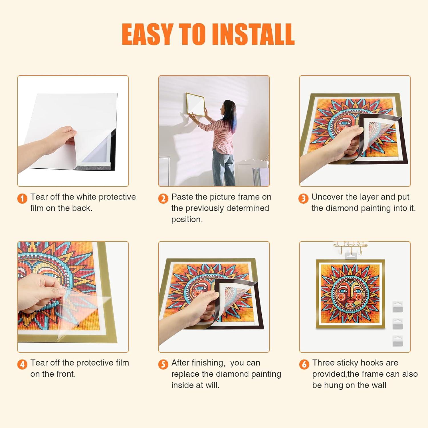 GHHKUD Upgraded 2Pack Diamond Painting Frames, Frames for 30x30cm Diamond Painting Canvas, Magnetic Diamond Art Frame Self-Adhesive, Diamond Painting Frames with Hooks for Wall Window Door (Gold)