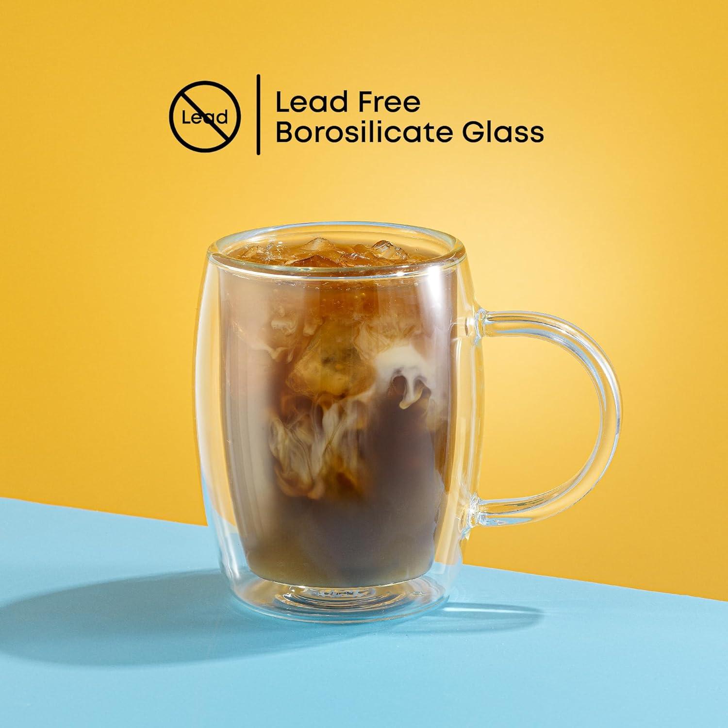JoyJolt Aroma Double Walled Insulated Glasses - Set of 2 Double Wall Coffee Tea Glass Mugs - 13.5 oz