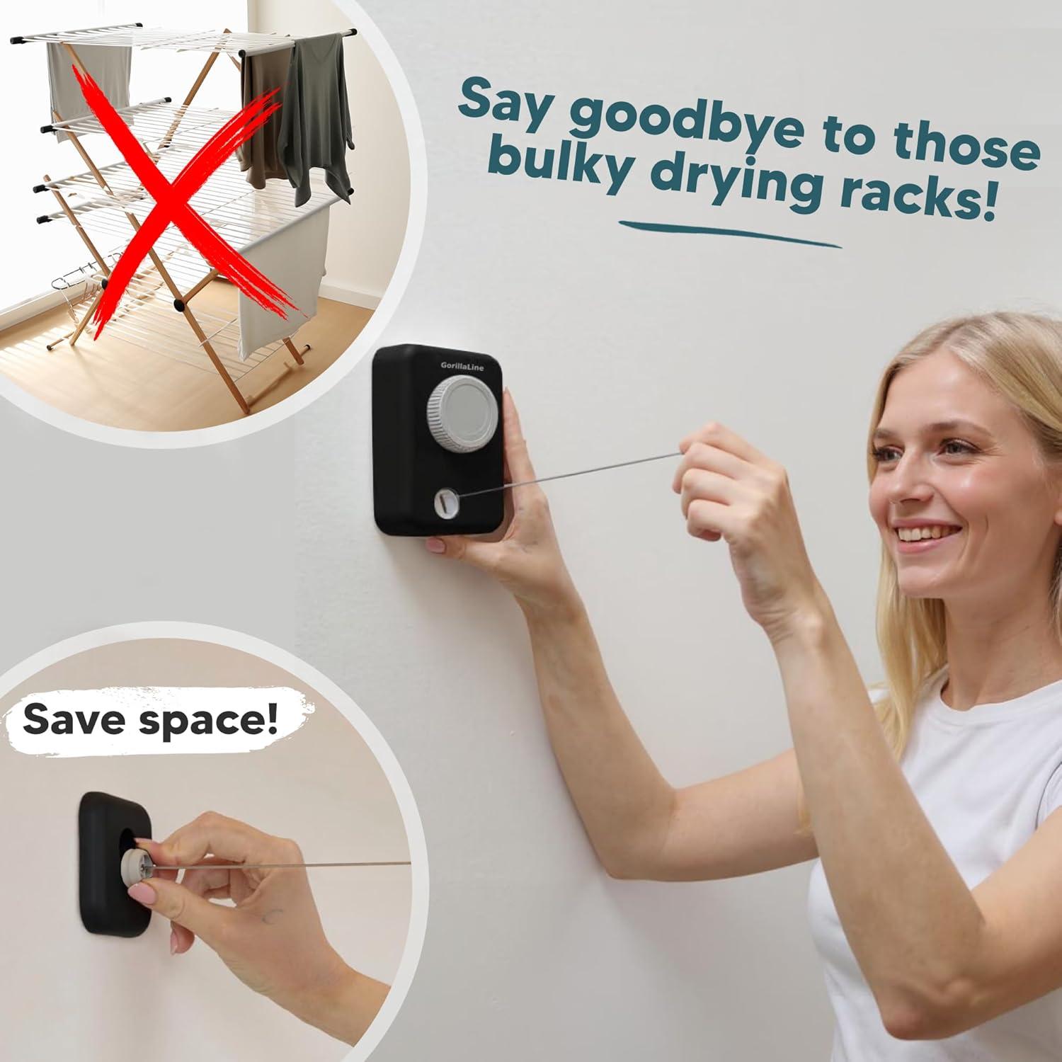 GorillaLine - Retractable Clothesline Indoor Outdoor Clothes Line - Heavy Duty Clothes Drying Laundry Line - Wall Mounted Drying Rack - Air Dry Clothing