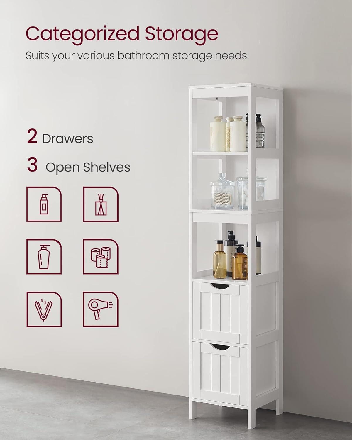 VASAGLE Bathroom Tall Cabinet, with 2 Drawers and 3 Open Shelves, White