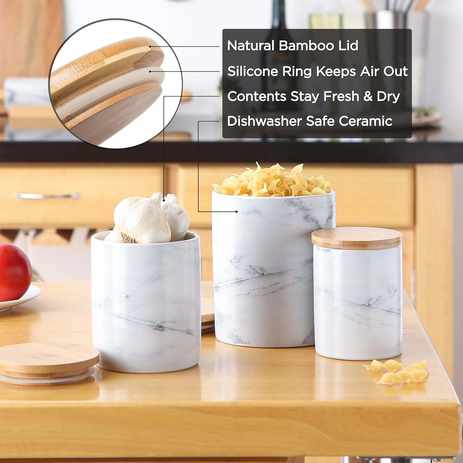 White Ceramic Honeycomb Canister Set with Bamboo Lids, 3 Piece