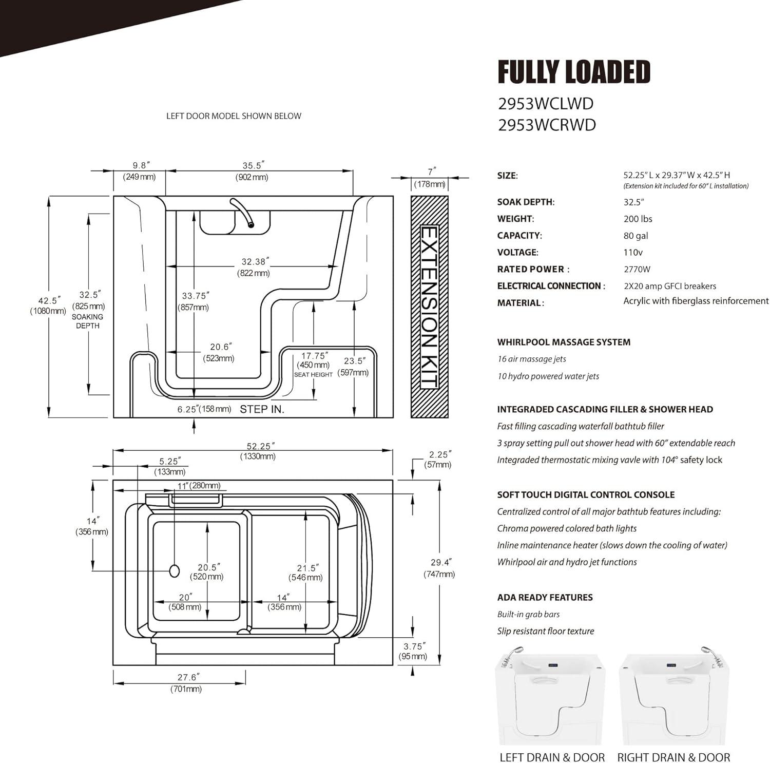 52.5'' x 29.37'' Walk-in Acrylic Bathtub with Faucet