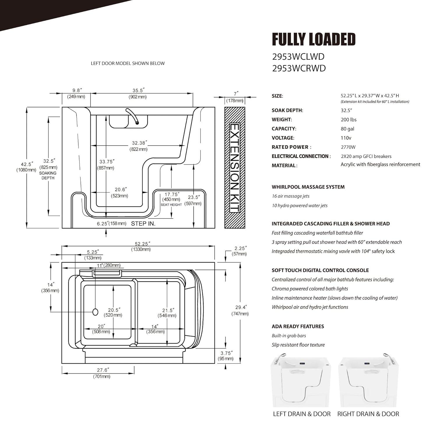 52.5'' x 29.37'' Walk-in Acrylic Bathtub with Faucet