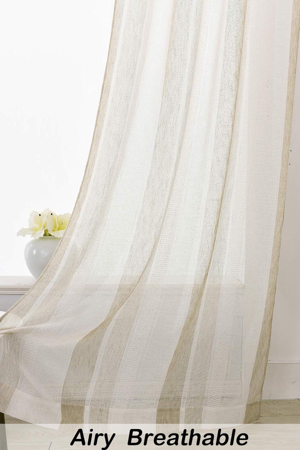 Beige and White Stripe Sheer Farmhouse Curtains Boucle Linen Window Curtain Drape Yarn Dyed Woven 84 Inches Long for Living Room Bedroom Rod Pocket Panels, 40" W x 84" L (Pack of 2)