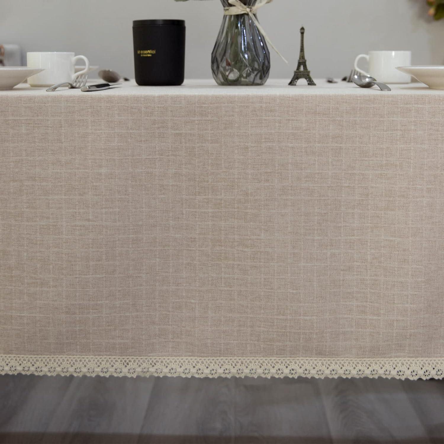 Solid Heavy Weight Lace Trim Rectangle Fabric Tablecloth, Table Cover for Kitchen Dining Tabletop