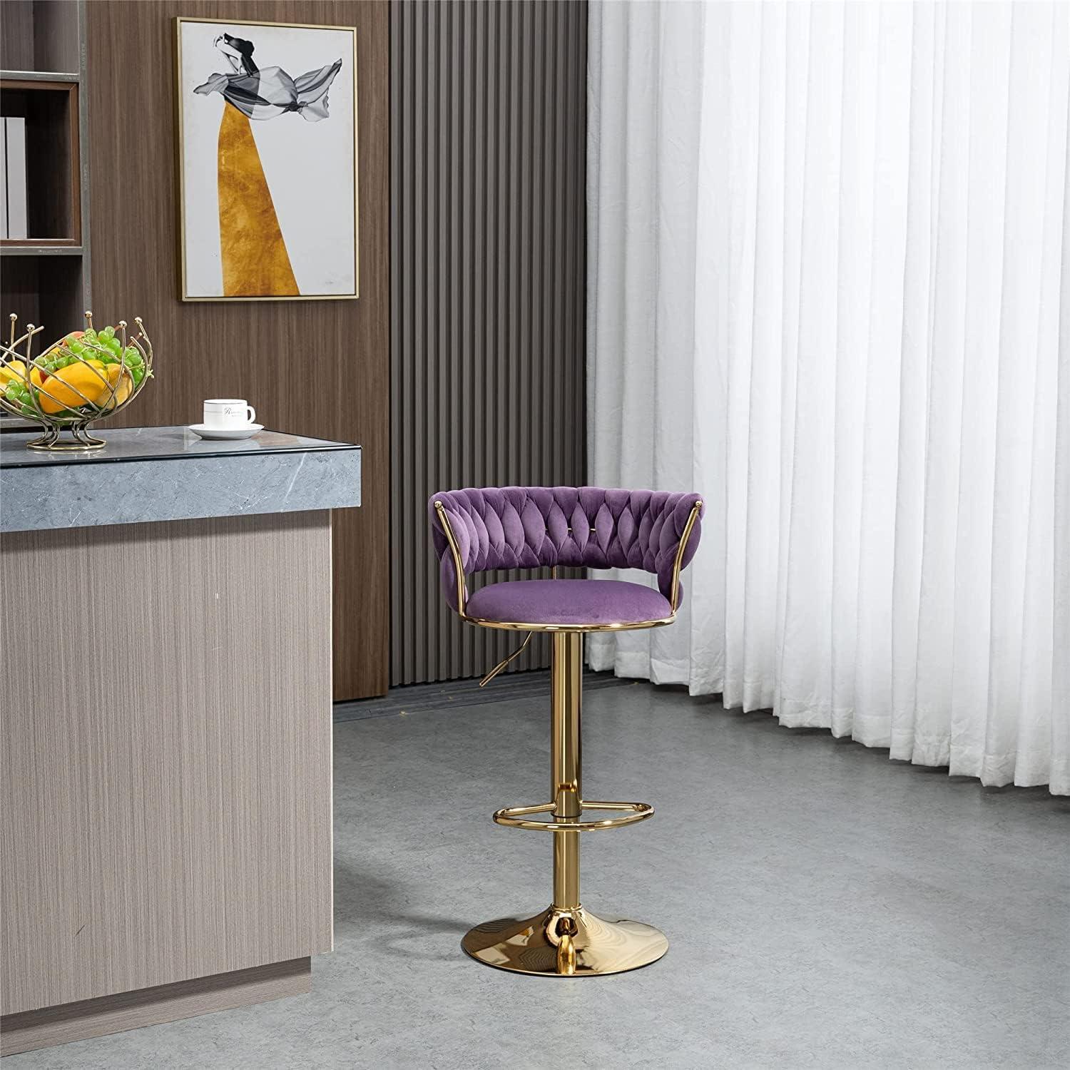 Kakotito 360° Velvet Swivel Bar Stools with Low Back & Footrest, Adjustable Counter Barstools, Silver Bar Stool (Set of 2 - Silver Version, Pink)