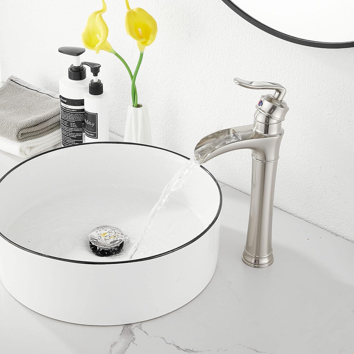 Waterfall Bathroom Faucet Brushed Nickel GGStudy Single Handle One Hole Tally Body Farmhouse Bathroom Vessel Sink Faucet Matching with Pop Up Drain