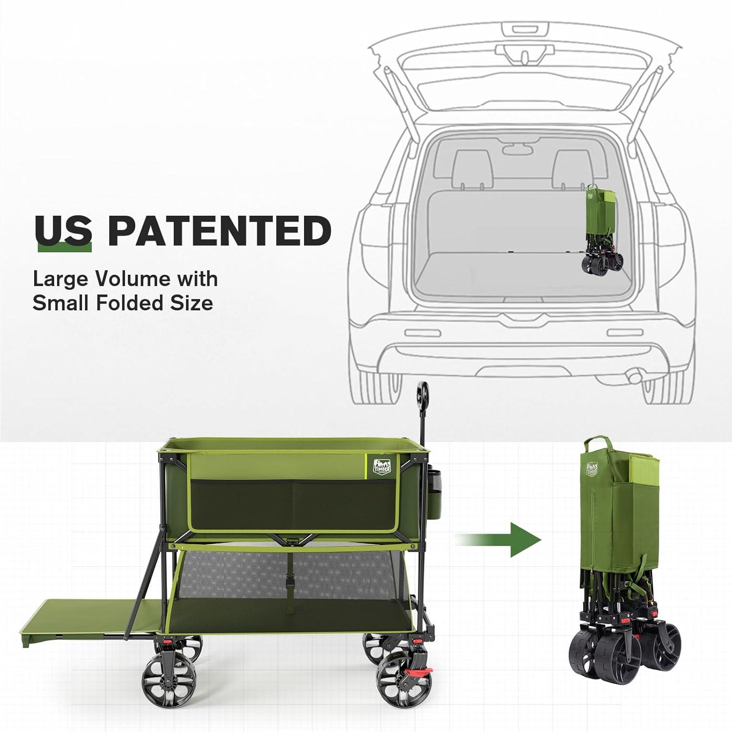 TIMBER RIDGE 400L Large Capacity Folding Double Decker Wagon with Brakes, 54" Extra Long Extender Wagon Cart, 450lbs Heavy Duty Collapsible Cart, All-Terrain Big Wheels for Camping, Sports, Shopping