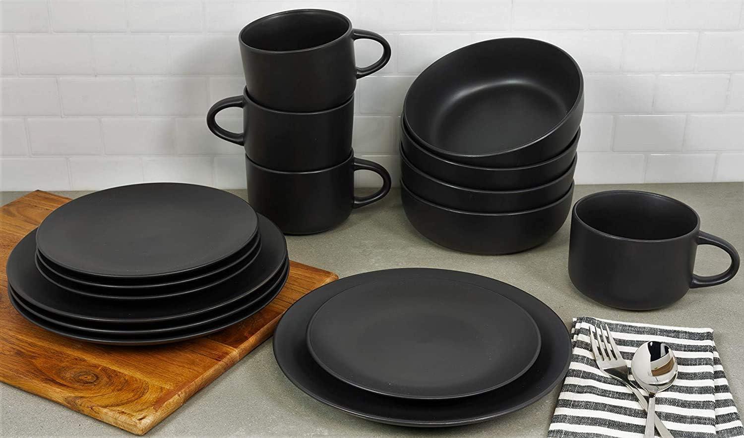 Black Matte Ceramic 16-Piece Dinnerware Set, Service for 4