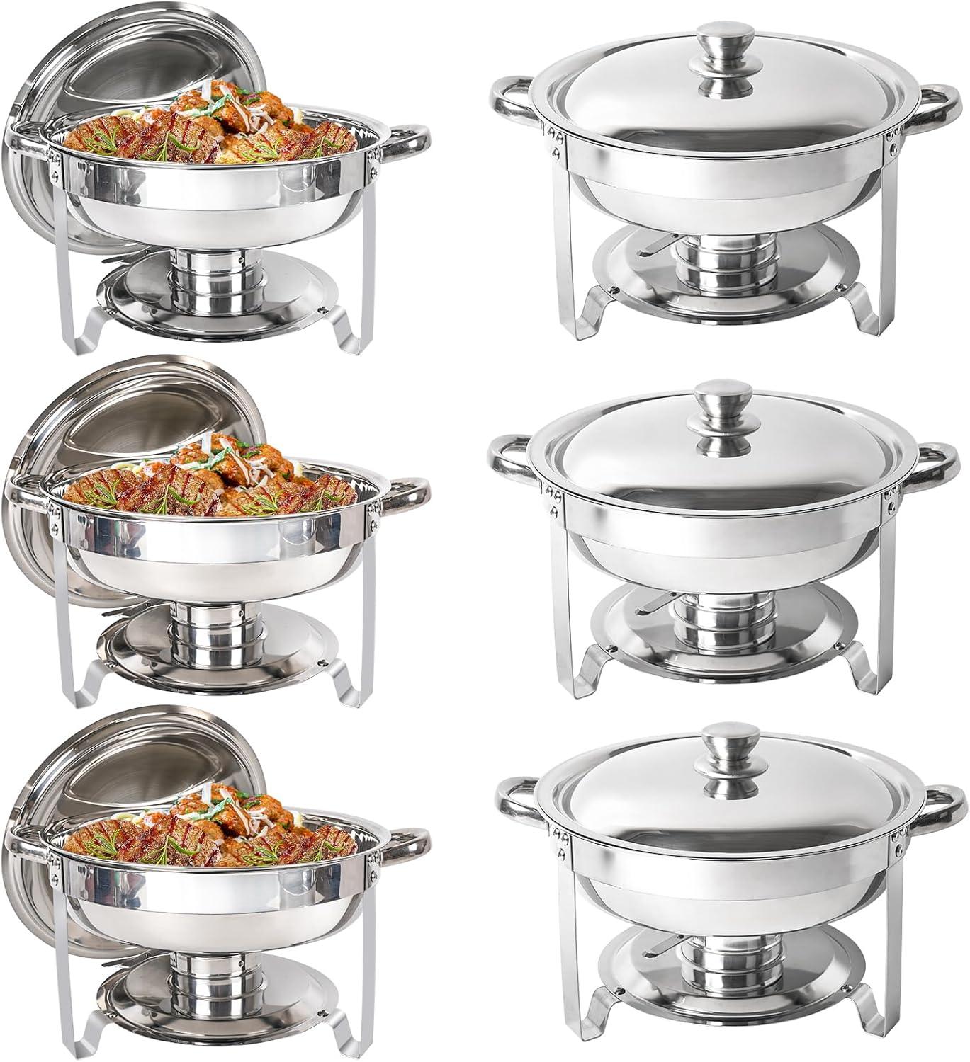 Jacgood 6 Pack Chafing Dish Round 5QT×2+Round 6QT×4 Chafers Stainless Steel Catering Buffet Warmer Set for Parties,Events,Wedding,Dinner