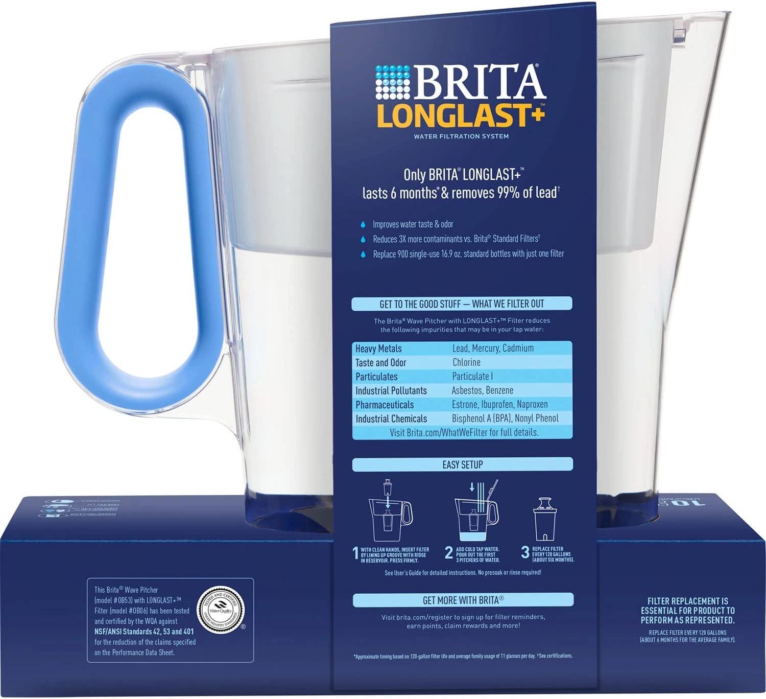 Brita Wave Large 10-Cup Water Filter Pitcher with 2 Longlast+ Filters- Blue