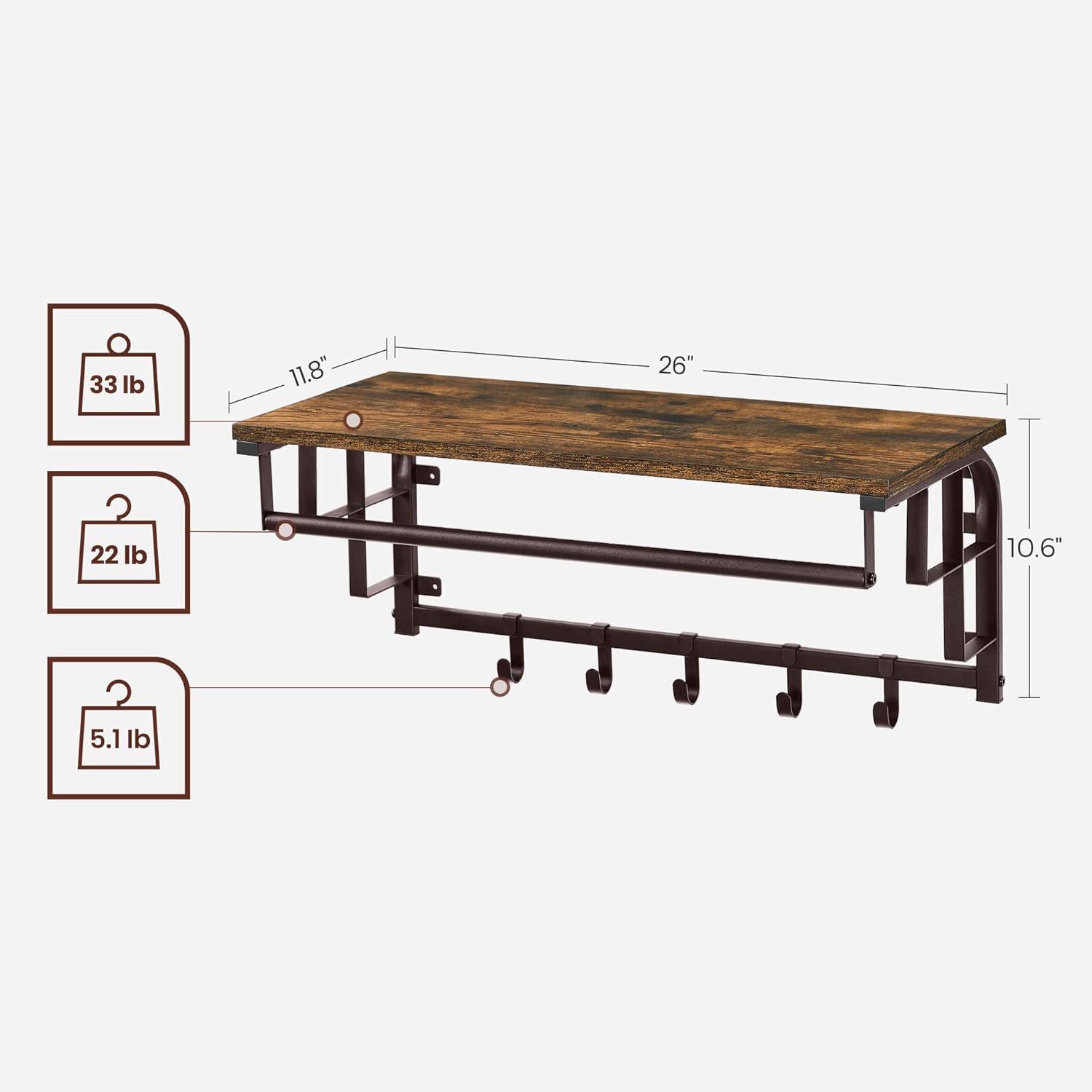 VASAGLE Wall-Mounted Coat Rack, Wall Hook Rack with Hanging Rod, Storage Shelf, Laundry Room Shelf with Hooks, for Entryway, Bathroom, Rustic Brown and Black ULCR12BX