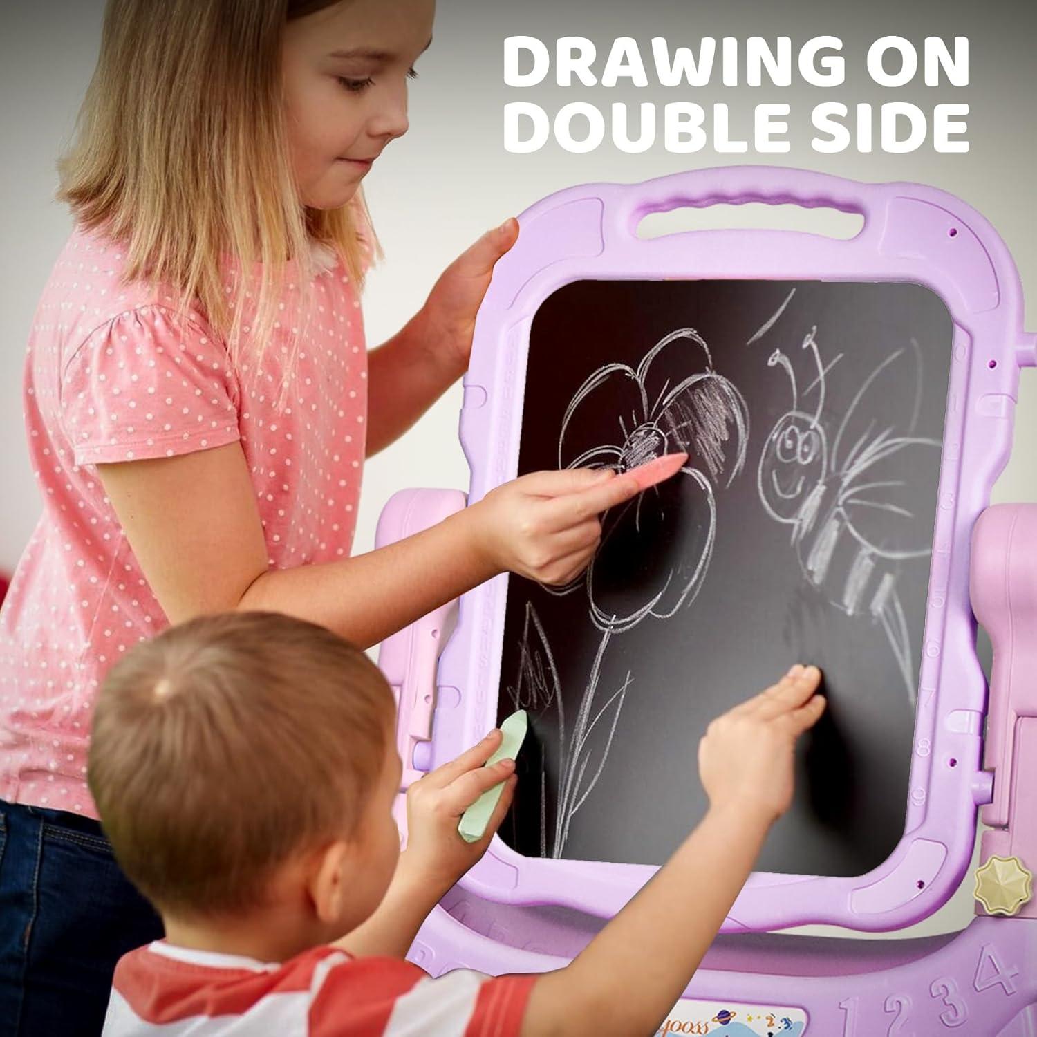 Easel for Kids, Adjustable Standing Art Easel for Toddler, Double Magnetic Drawing Board with Painting Accessories, Birthday Christmas Gift for Little Boys and Girls,  Pink