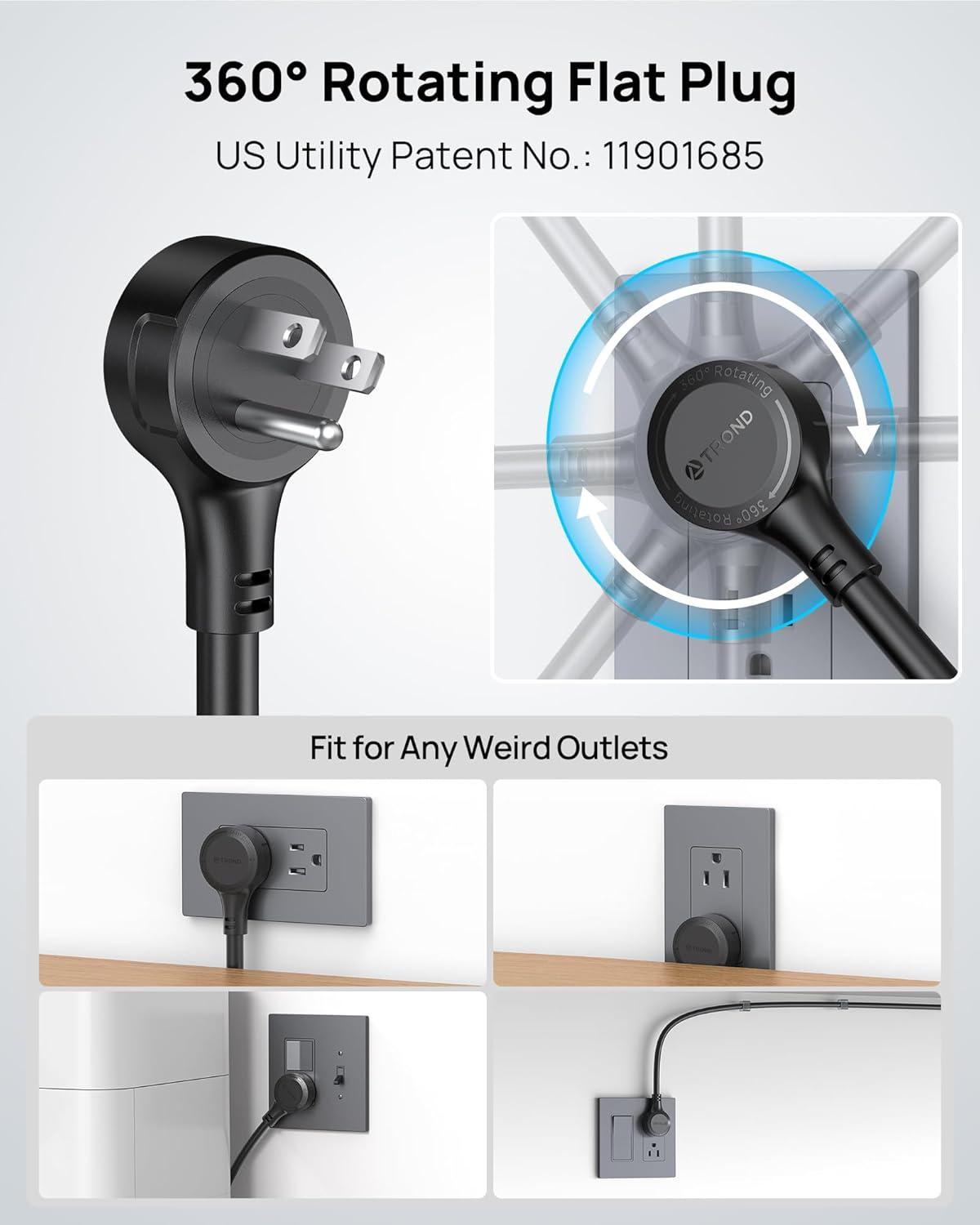 TROND Power Strip Surge Protector, 4000J, ETL Listed, 15A, 10 Widely Spaced Outlets with 4 USB Ports, Flat Plug 5ft Extension Cord, Wall Mountable, 14AWG Heavy Duty, for Home Office Garage, Black