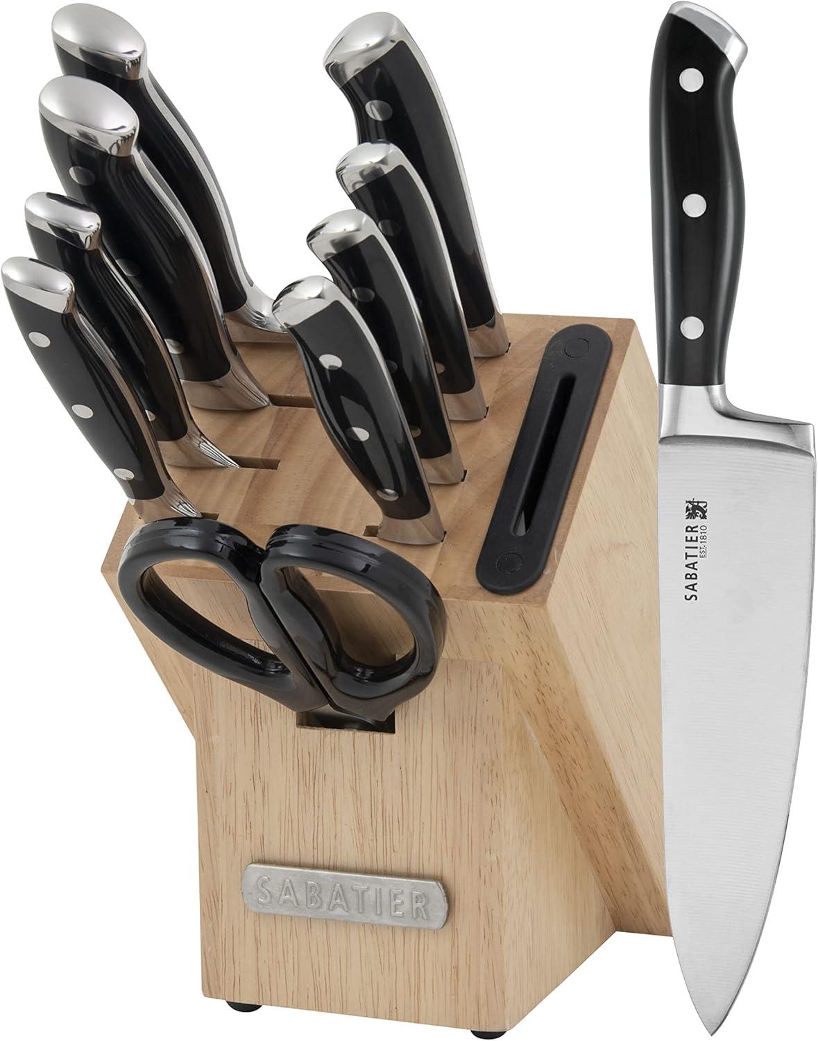 Sabatier 16pc Triple Rivet Rubberwood Block Knife Set: High Carbon Stainless Steel, Ergonomic Handle, Kitchen Cutlery