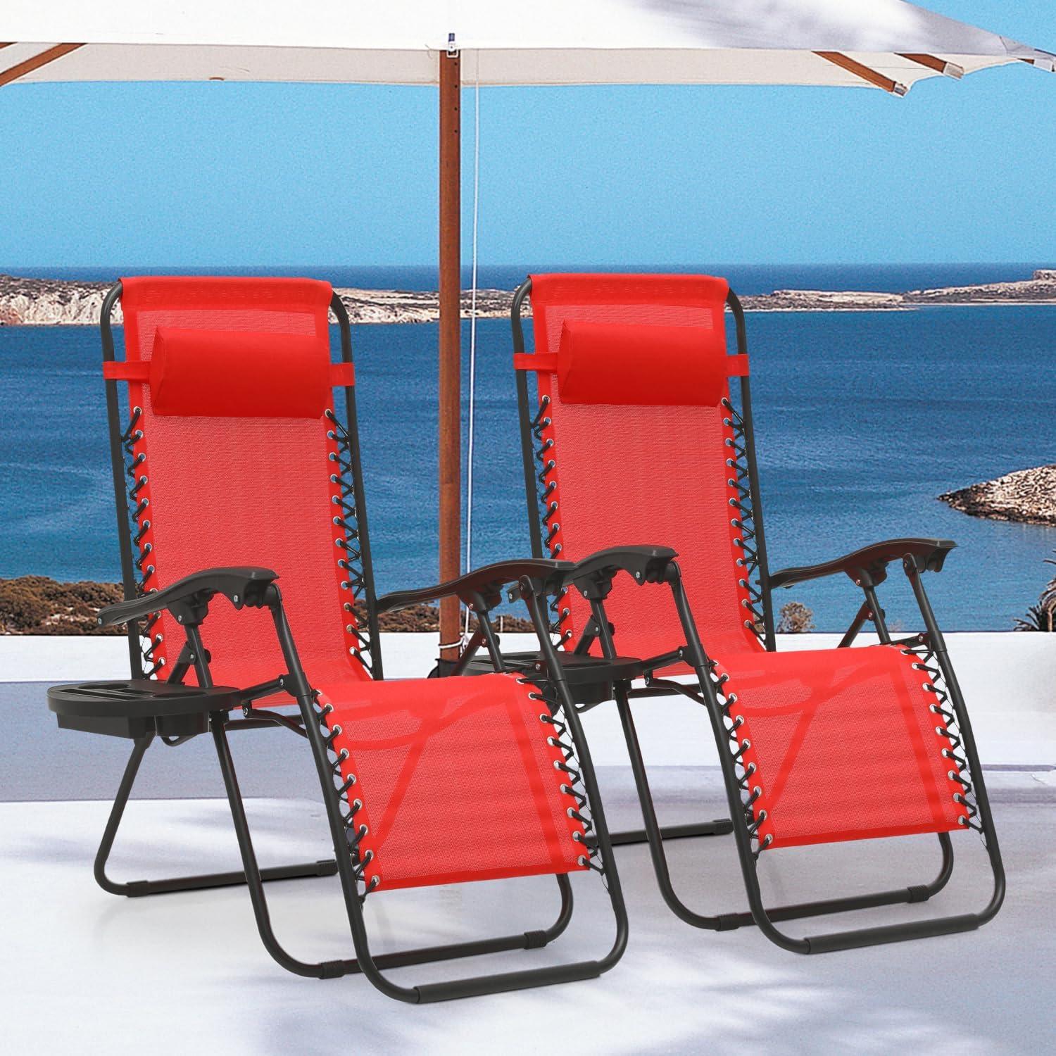 MoNiBloom Zero Gravity Lounge Chair Set of 2, Adjustable Folding Chair with Pillow & Cup Holder, for Pool Beach Camp Picnic, Red