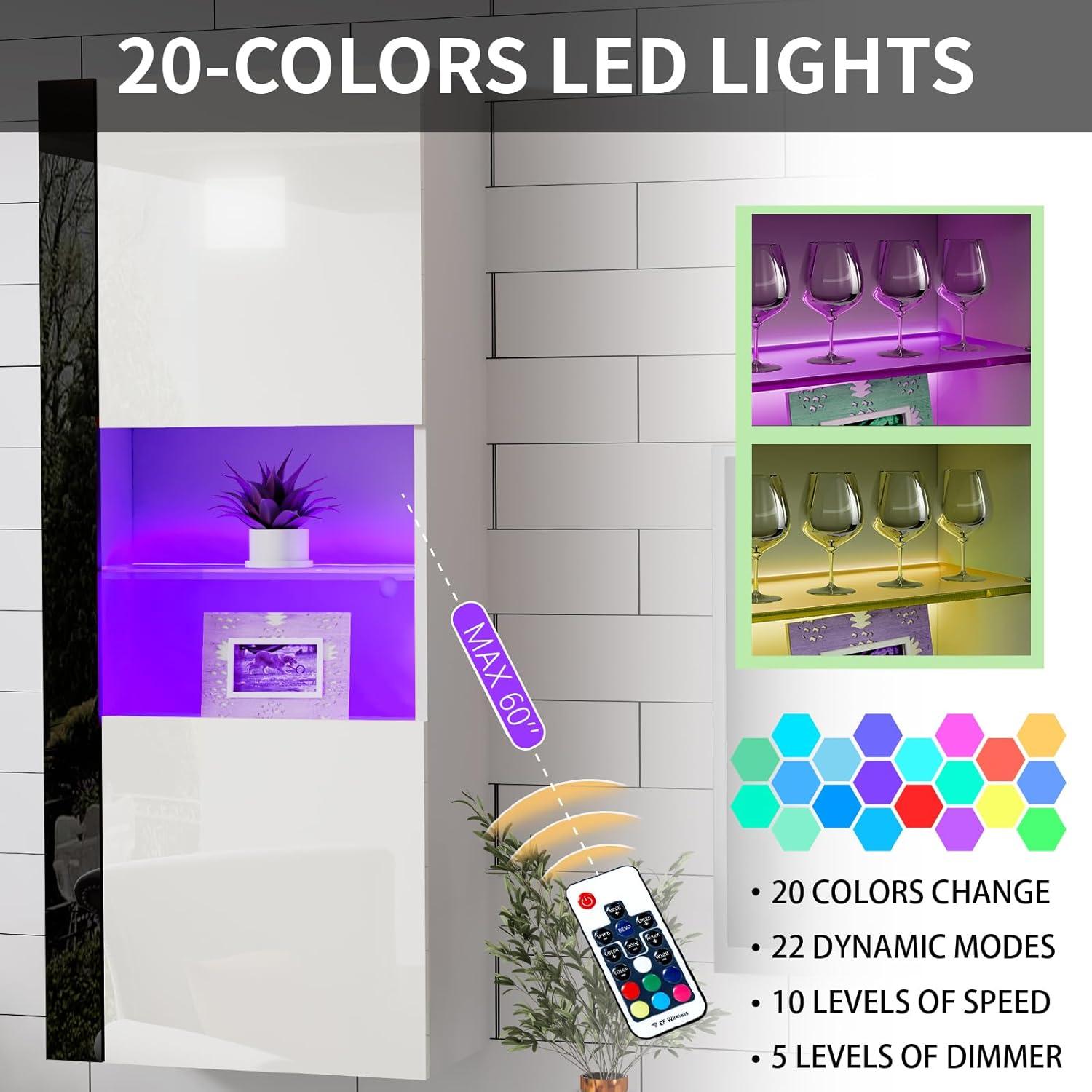 VanAcc Modern Wall Storage Cabinets with LED Lights, Hanging Cabinets with Closed Doors & Open Shelves, Black