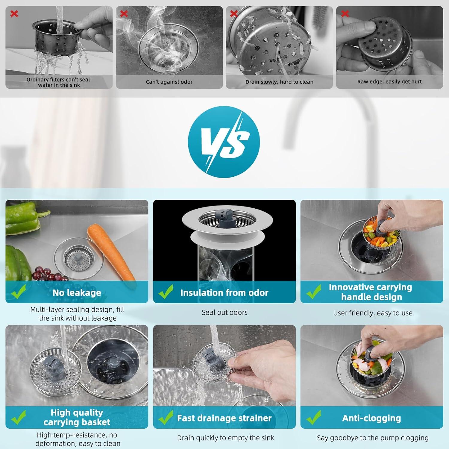 Hibbent 3-in-1 Kitchen Sink Drain Strainer  Stopper , Stainless Steel Pop-Up Design, Anti-Clogging Metal Basket with Handle, Compatible with US Standard 3-1/2" Drain