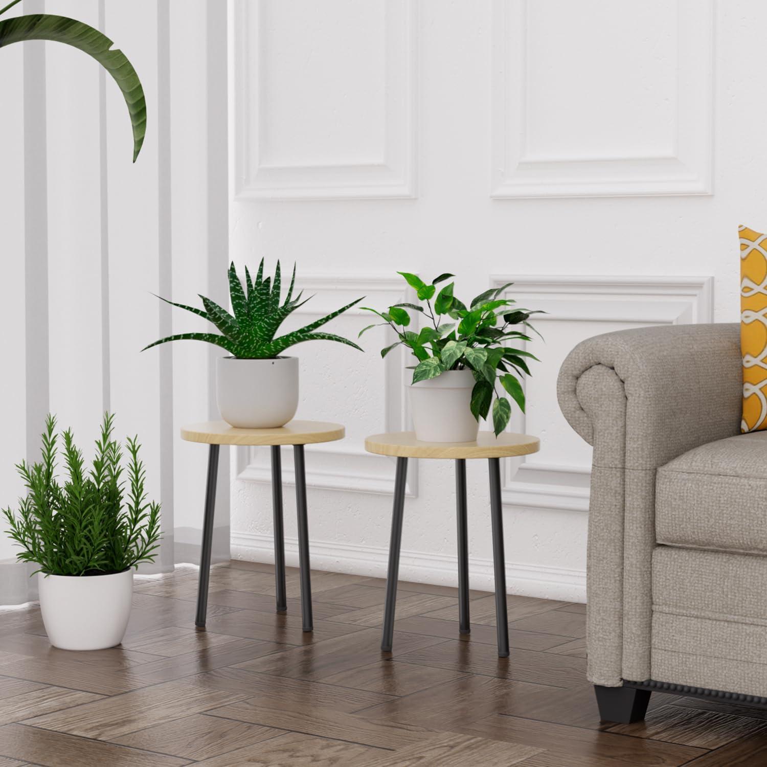 Plant Stand Indoor 2 Pack: Corner Wood 14 Inch Plant Stand Mid Century Modern Decor - Small Round Plant Table for Indoor Plants - Outdoor Plant Holder for Patio Living Room Bathroom Office (Burlywood)