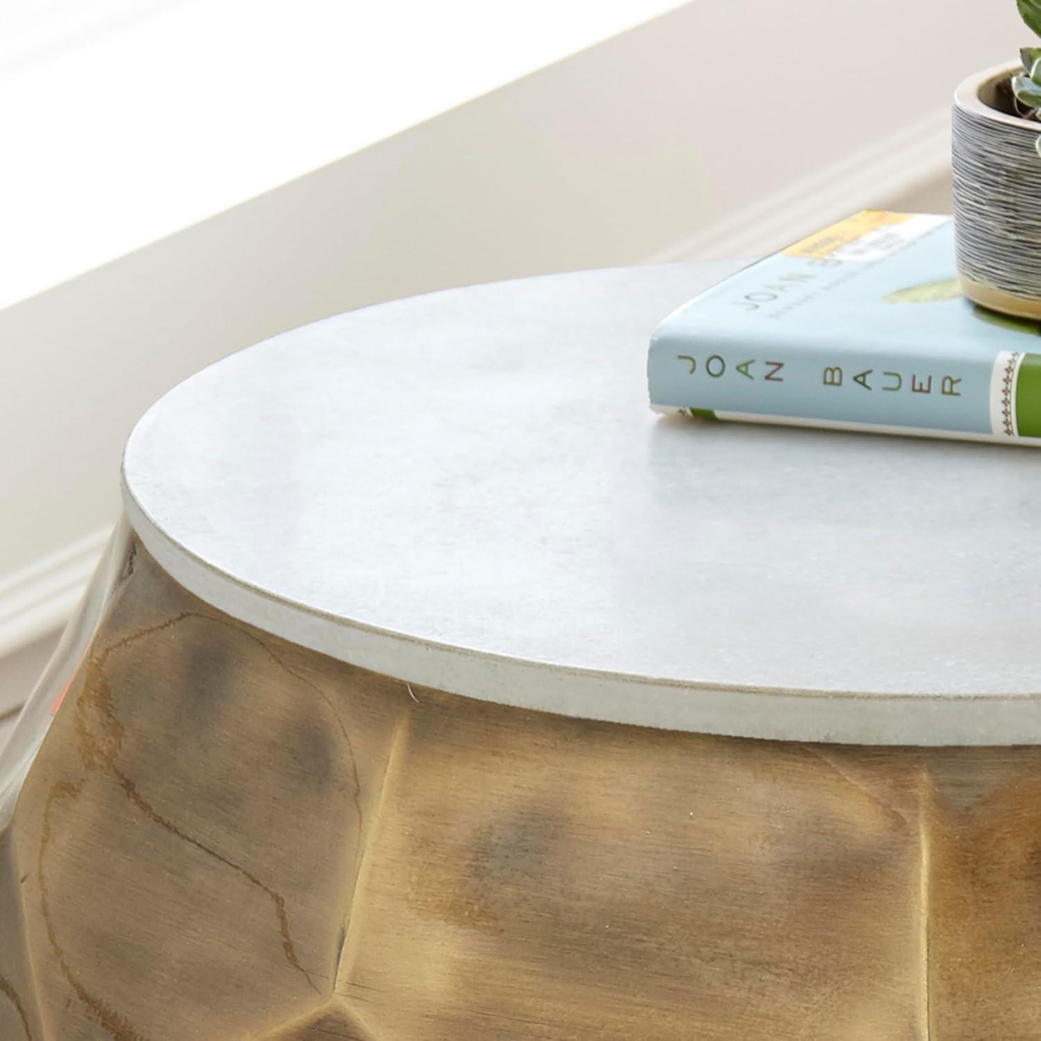 Stomp Round End Table Brass and Marble - Steve Silver Co.: Modern Accent Table, Iron Frame, White Marble Top