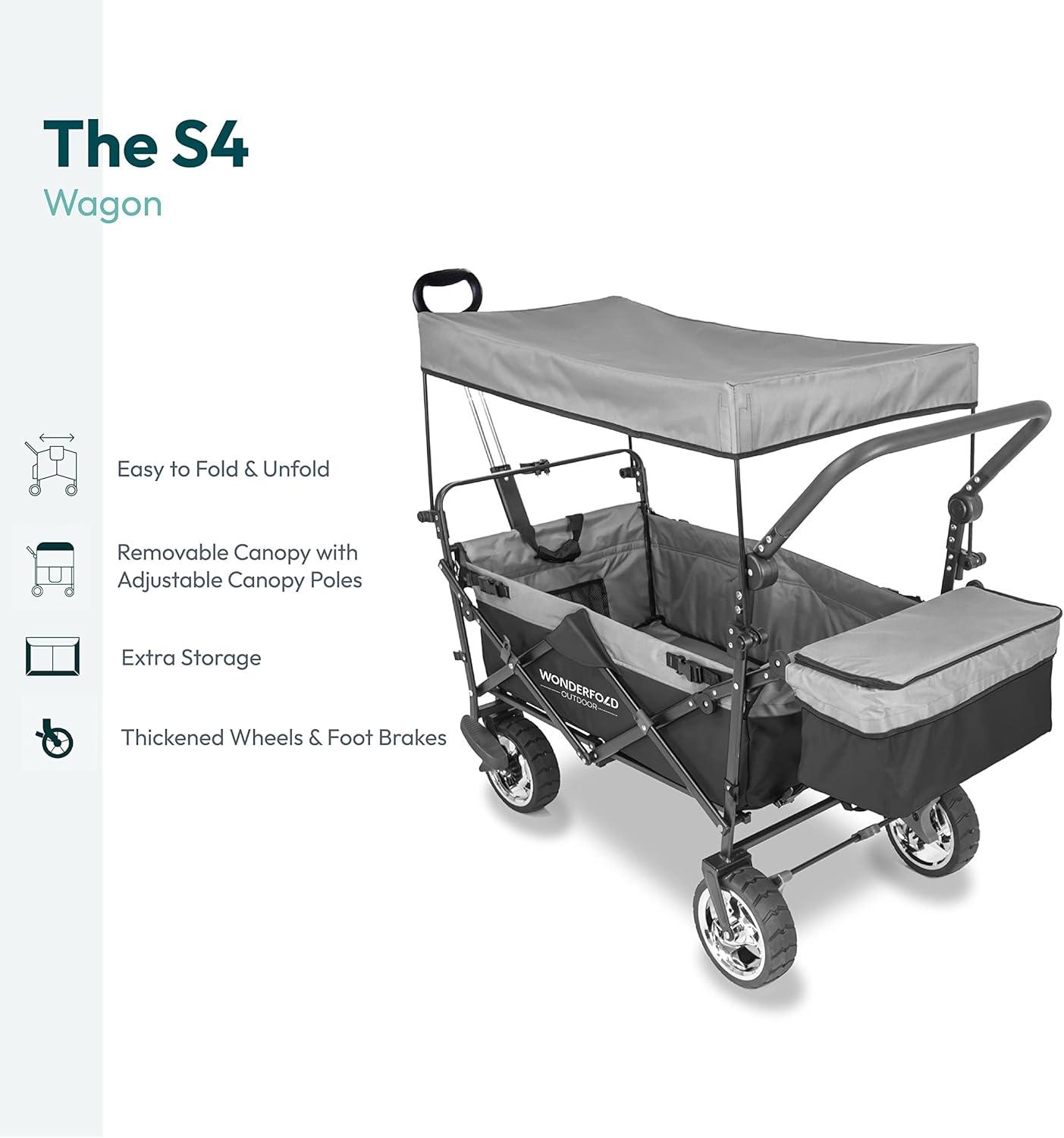WonderFold Outdoor Wonderfold S4 Push & Pull Folding Wagon With Canopy & Brakes - Black