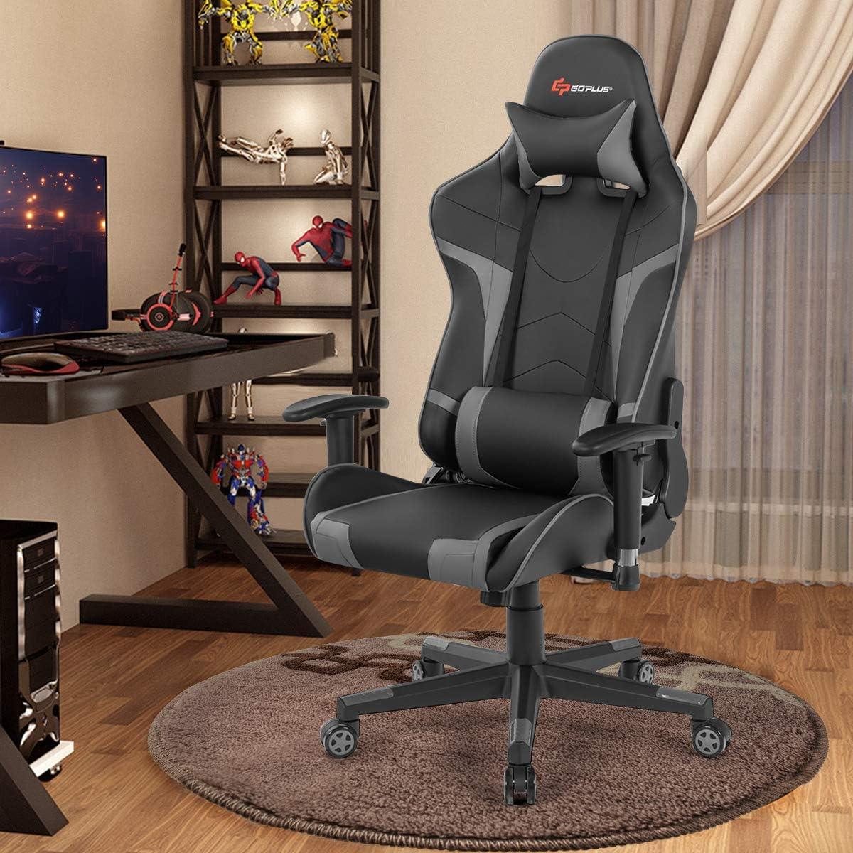 Costway Massage Gaming Chair Reclining Swivel Racing Office Chair w/Lumbar Support Grey
