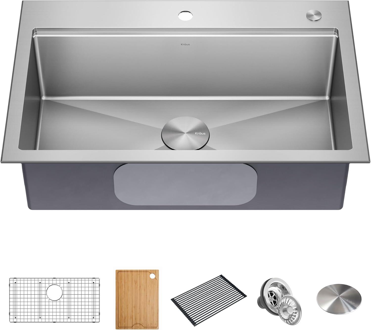 KRAUS Kore™ Workstation 32-inch L Drop-In Single Bowl Stainless Steel Kitchen Sink with Accessories (Pack of 5)