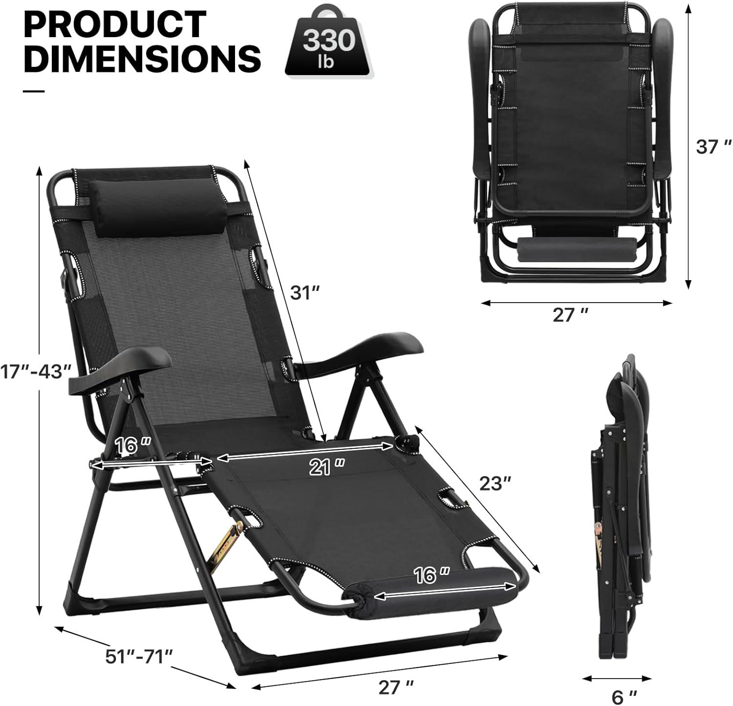 MoNiBloom Patio Lounge Chair with Adjustable Headrest & Foot Pads, Outdoor Folding Reclining Beach Lawn Lounger, Black