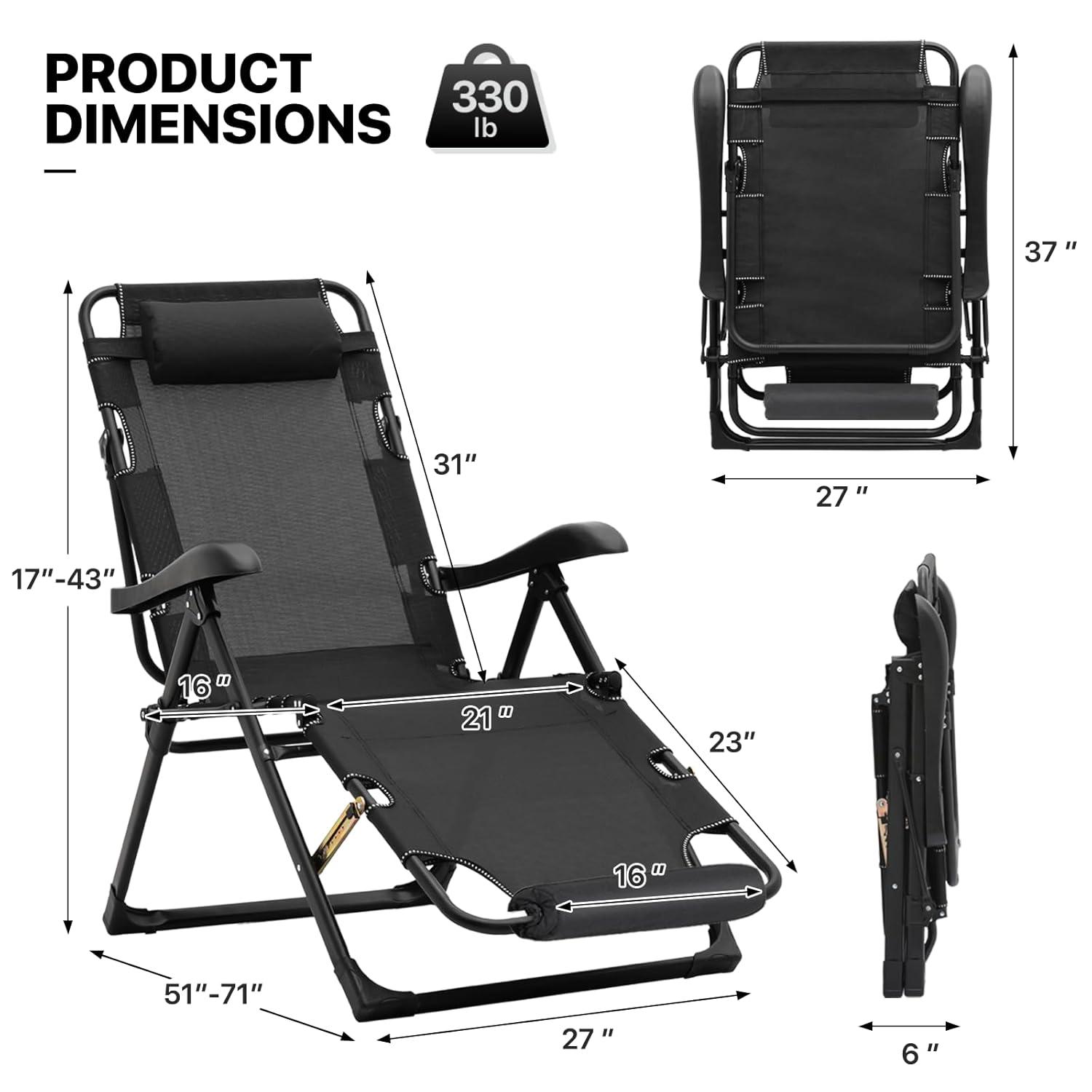 MoNiBloom Patio Lounge Chair with Adjustable Headrest & Foot Pads, Outdoor Folding Reclining Beach Lawn Lounger, Black