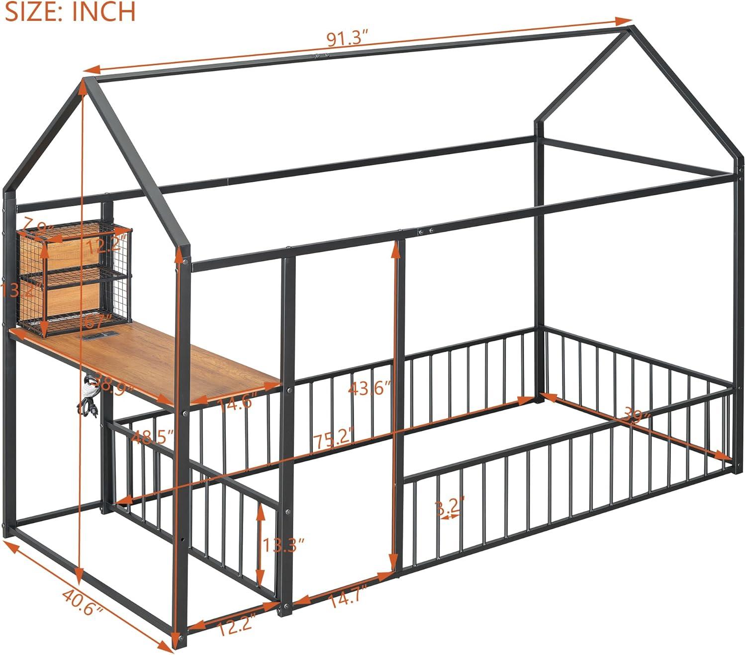 Full Floor Bed with Door and Fence, Metal Montessori Bed Full Size, Kids Montessori Floor Bed with Roof/House for Kids, Girls, Boys, White