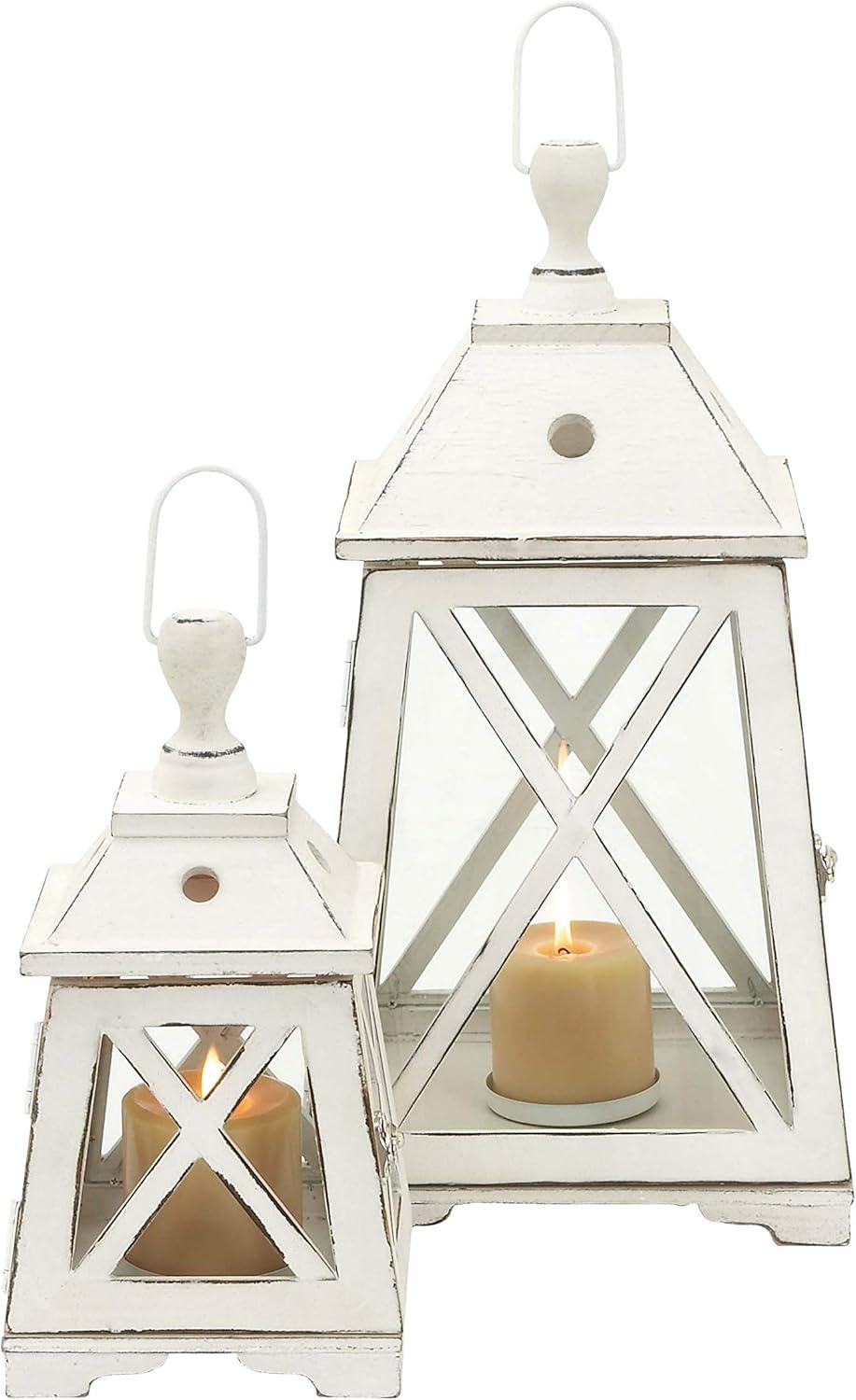 Set of 2 Trapezoid Wood/Glass Candle Holders White - Olivia & May: Elegant Lantern Design for Pillar Candles