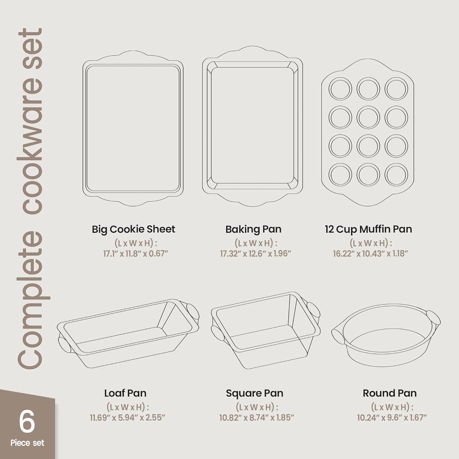 BAKKEN 6-Piece Deluxe Nonstick Baking Pan Set - Professional Grade Carbon Steel Bakeware with White Marble Coating & Silicone Handles